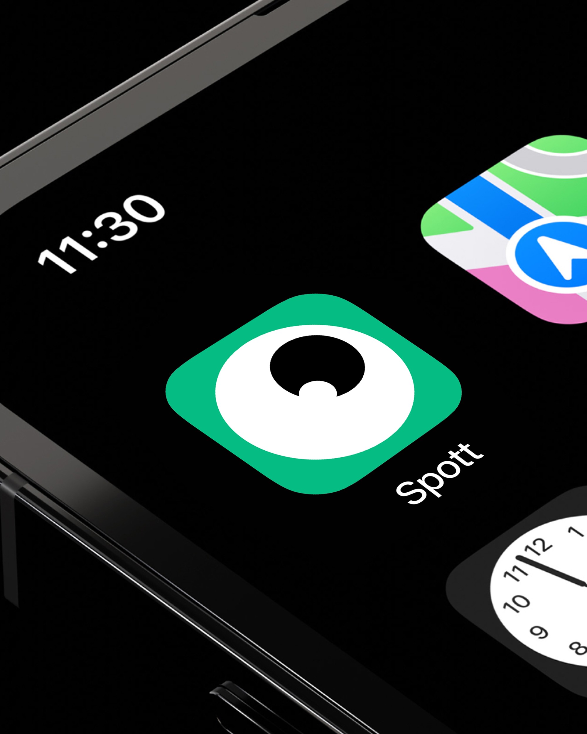 Spott app icon on a phone home screen: a white cartoon eyeball on a rounded green tile