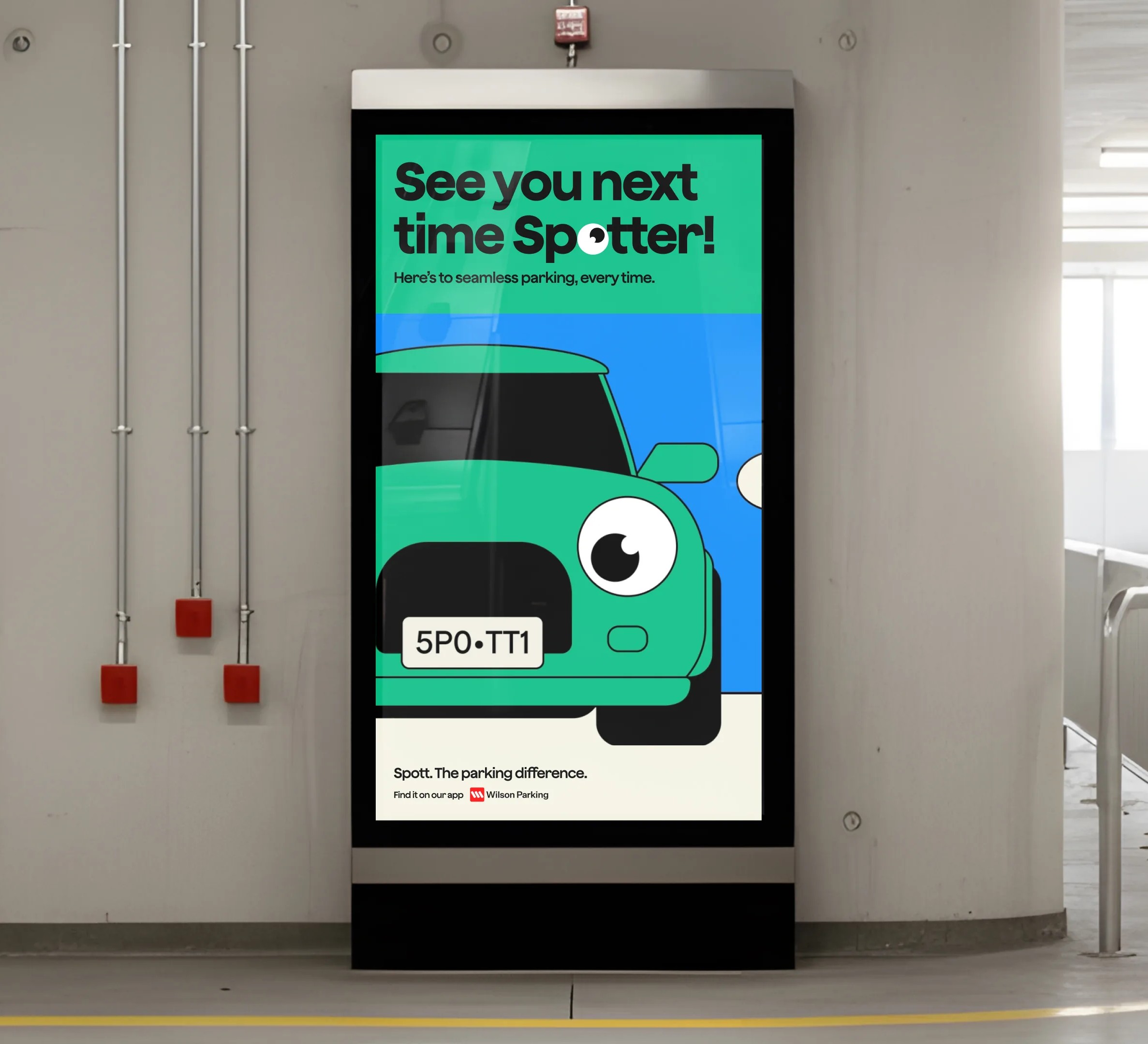 Digital screen in a car park showing a green cartoon car and 'See you next time Spotter!'