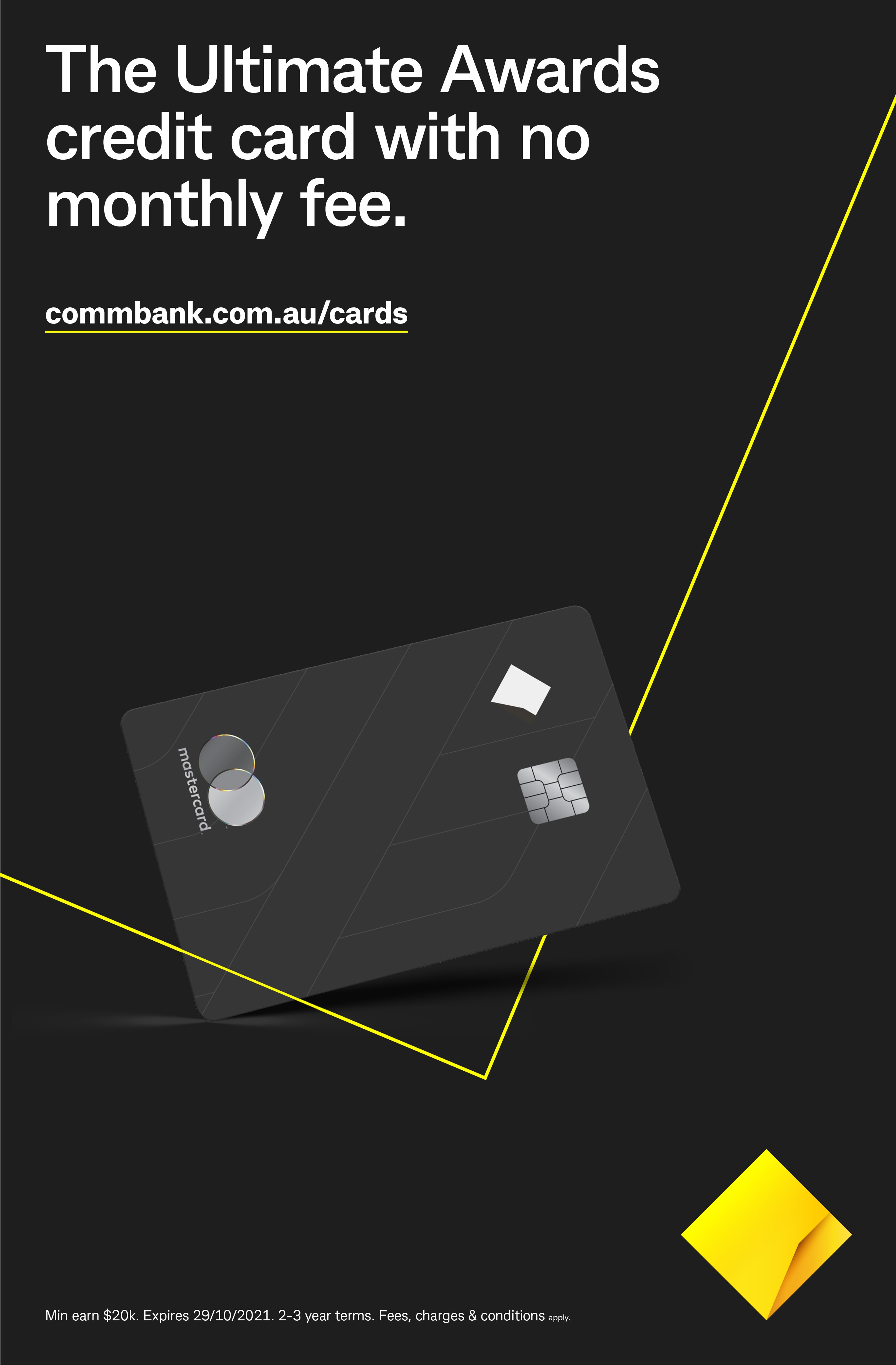Black poster for the Ultimate Awards card, charcoal Mastercard and yellow diamond