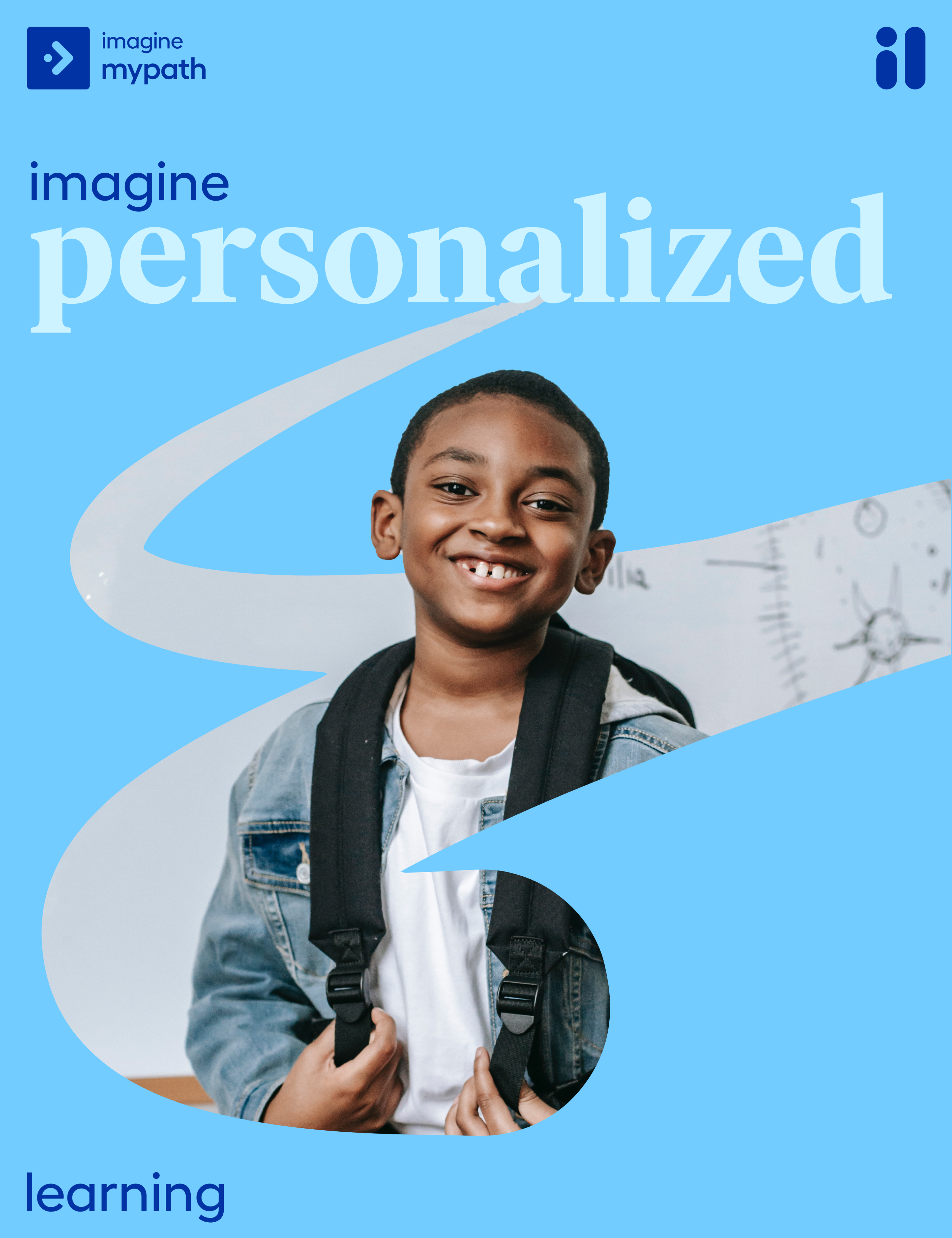 Sky-blue 'imagine personalized learning' poster, a swoosh framing a student with a backpack