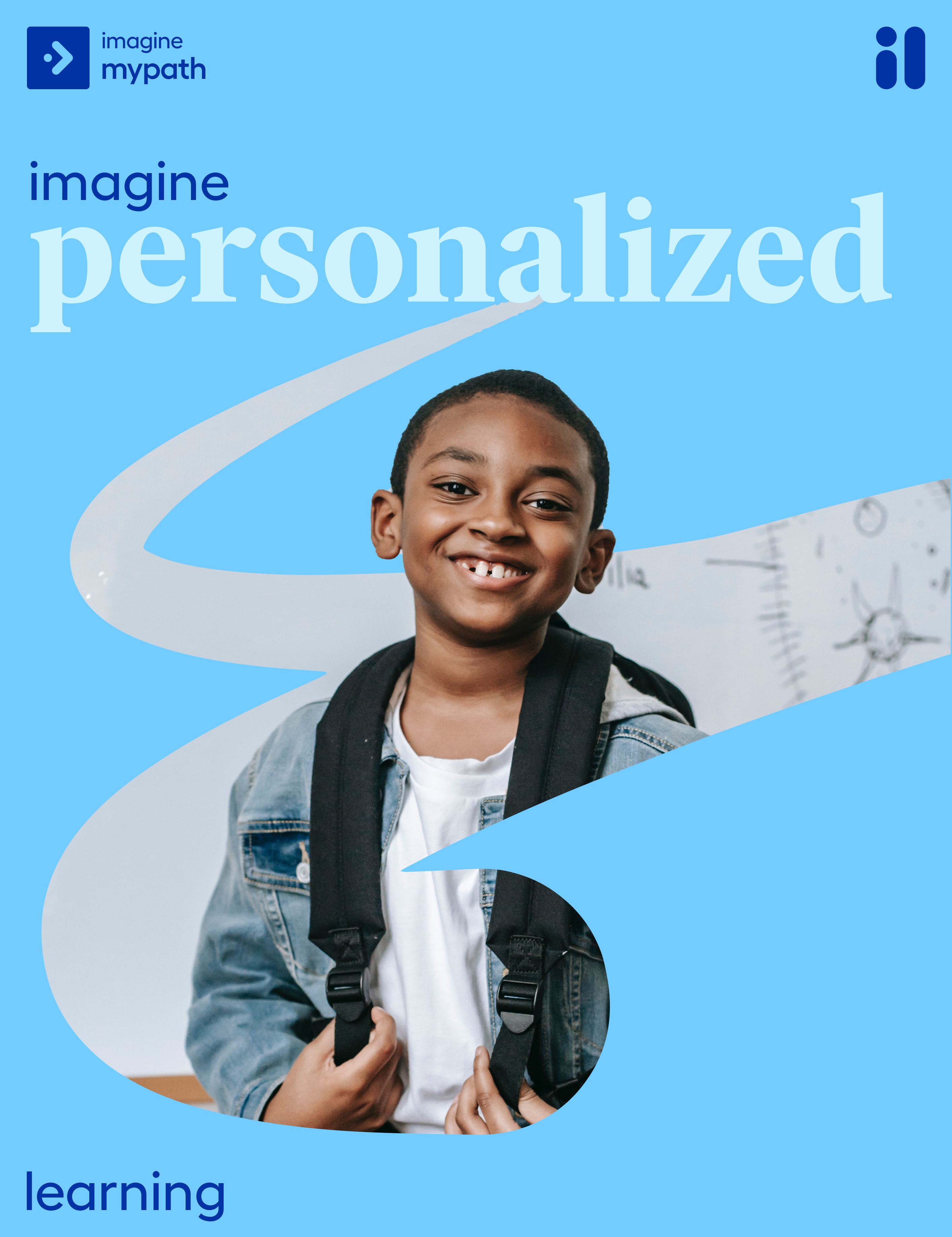 Sky-blue 'imagine personalized learning' poster, a swoosh framing a student with a backpack
