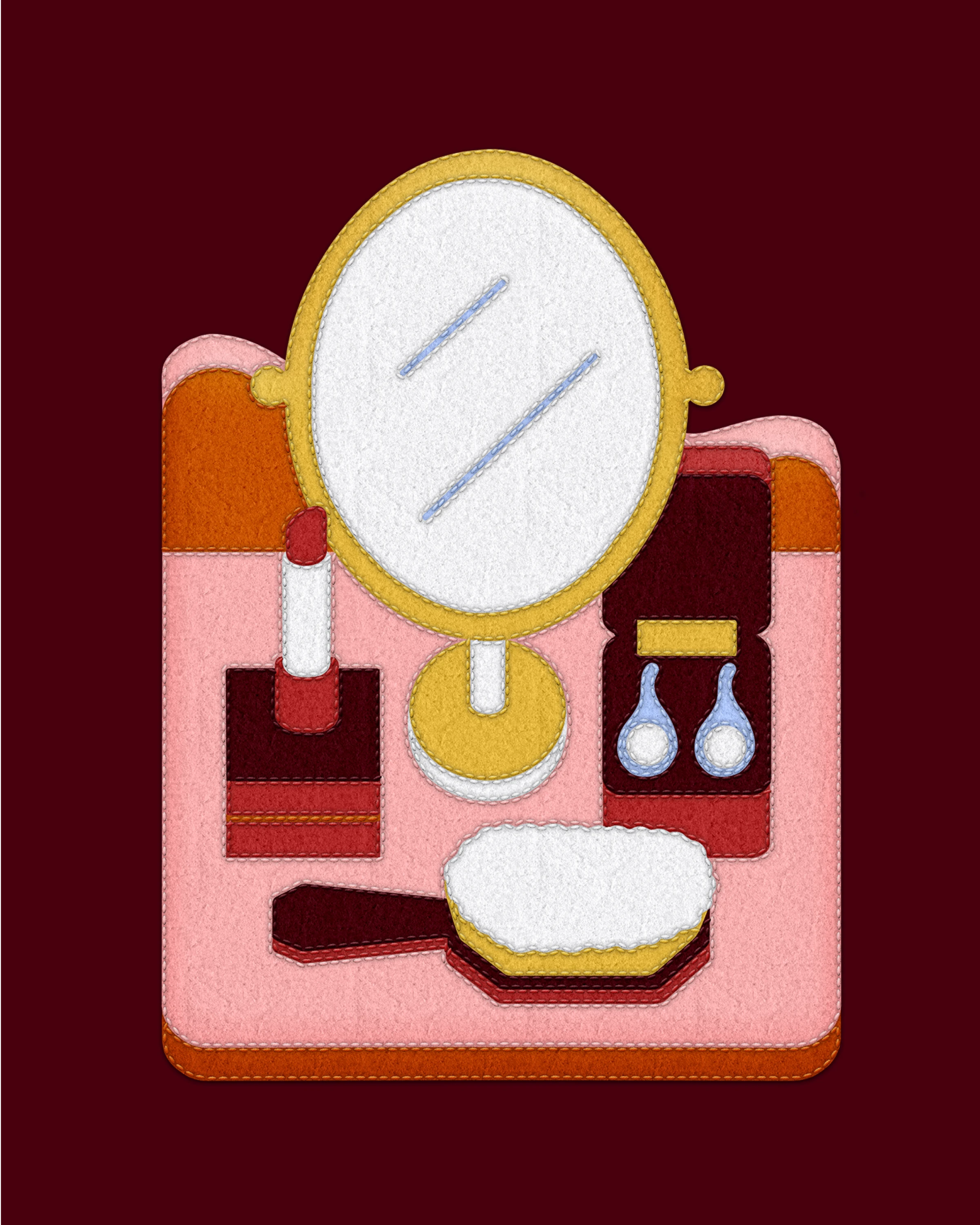 Textile-style illustration of a dressing table — oval mirror, lipstick, earrings, brush — on deep maroon