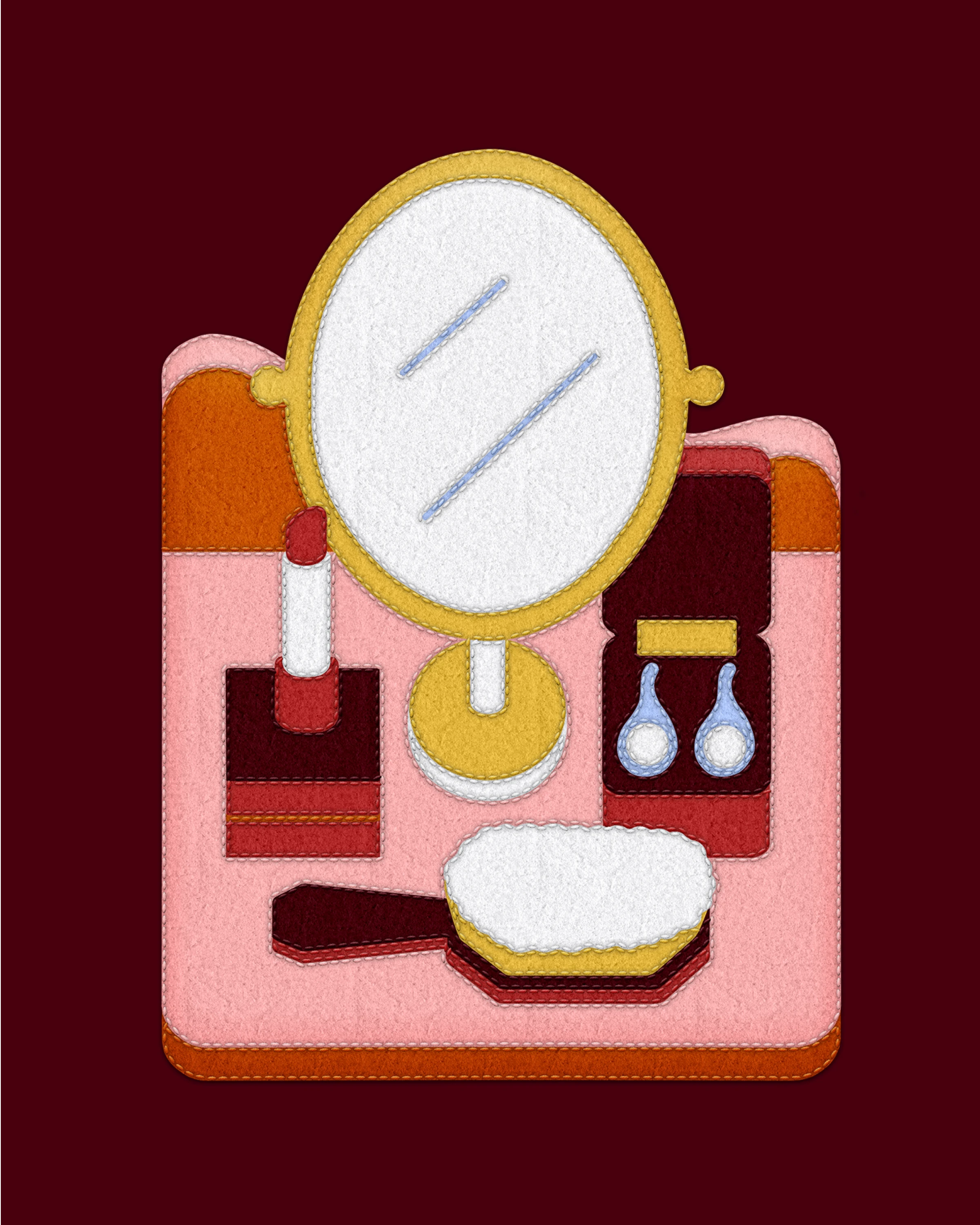 Textile-style illustration of a dressing table — oval mirror, lipstick, earrings, brush — on deep maroon