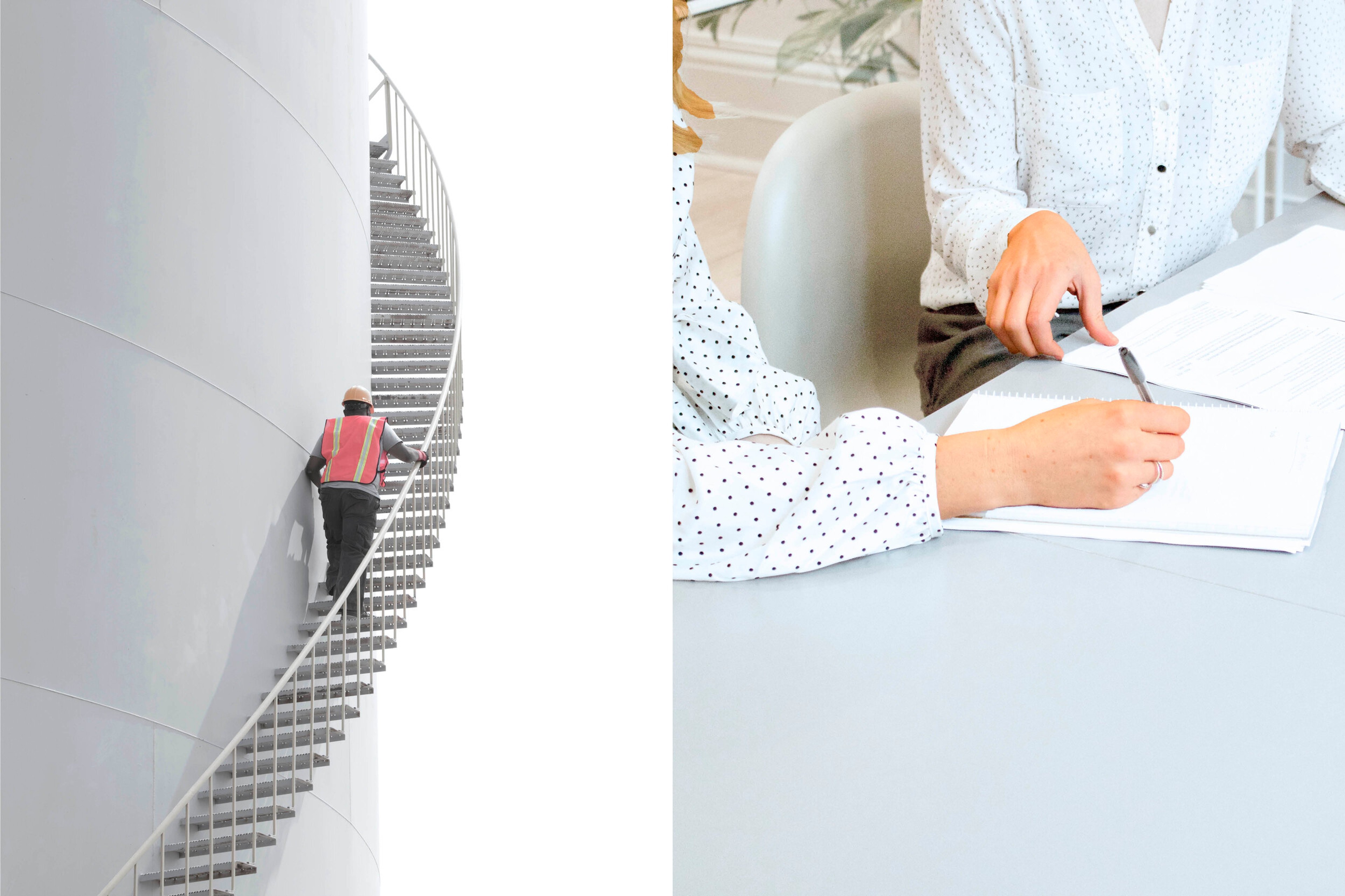 Brand photography diptych: a curved white staircase climb beside hands writing at a pale desk