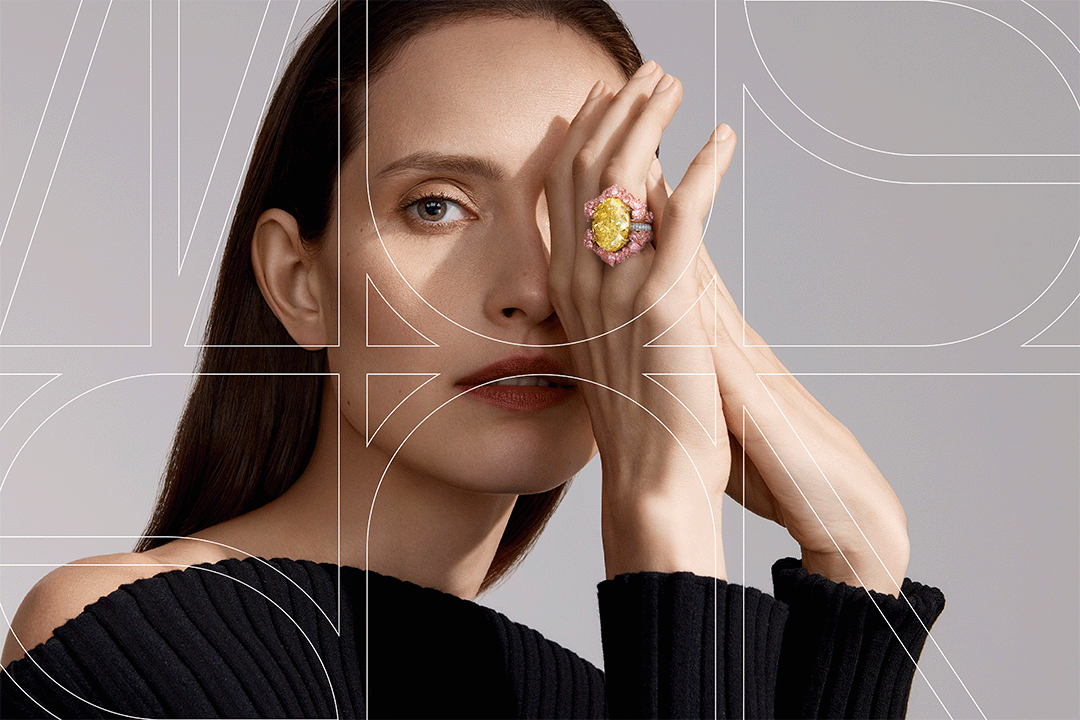 Musson campaign portrait: model shielding one eye, yellow diamond ring, monogram line overlay