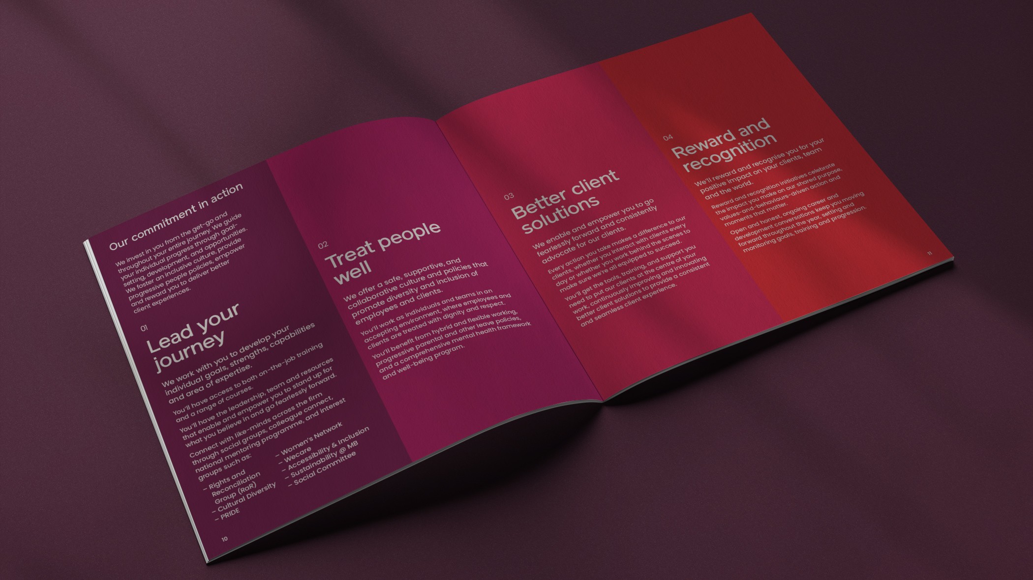 Commitment booklet spread with four colour-blocked panels shifting from magenta through to red