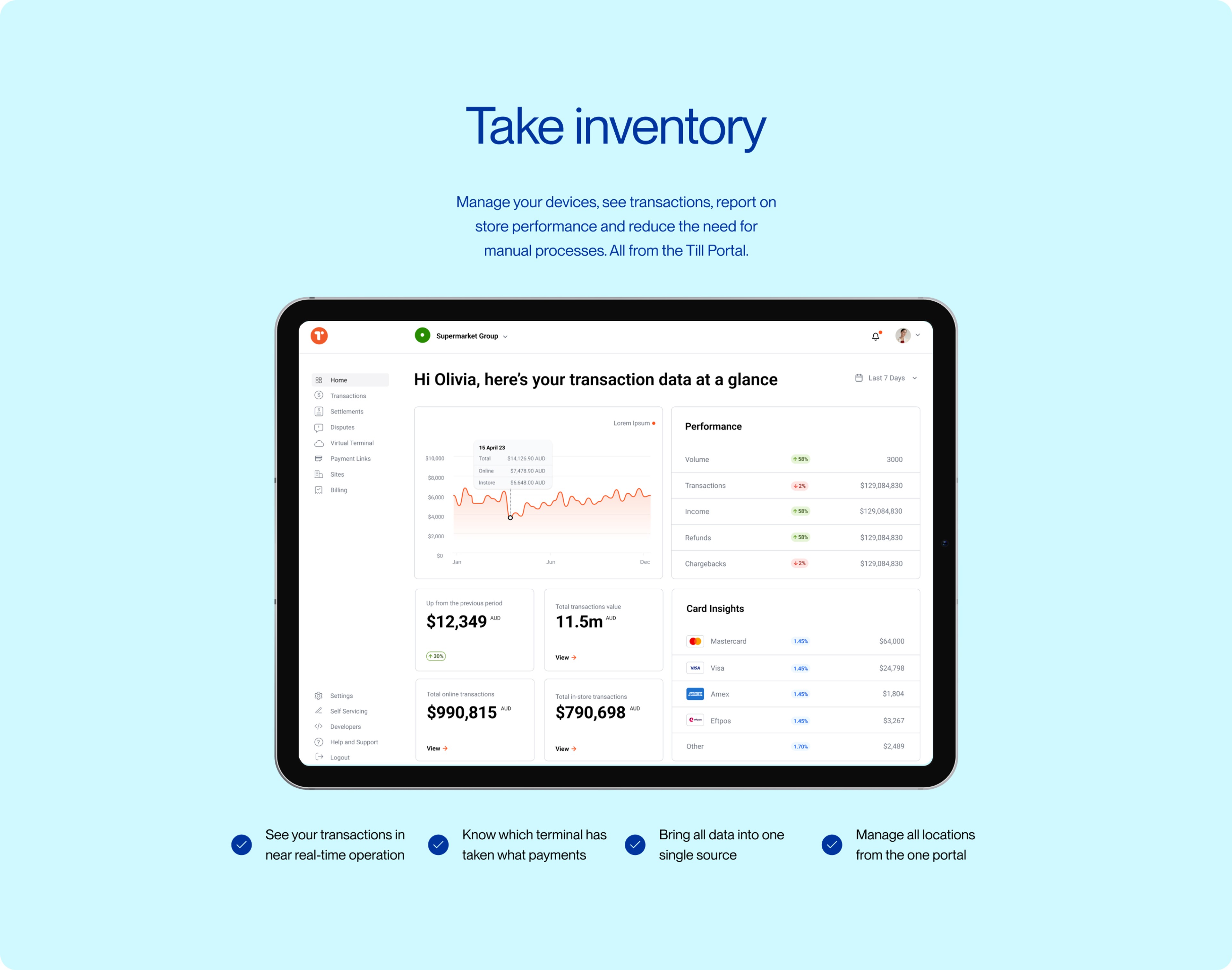 Till Portal dashboard on a tablet, pale blue Take inventory page with transaction charts