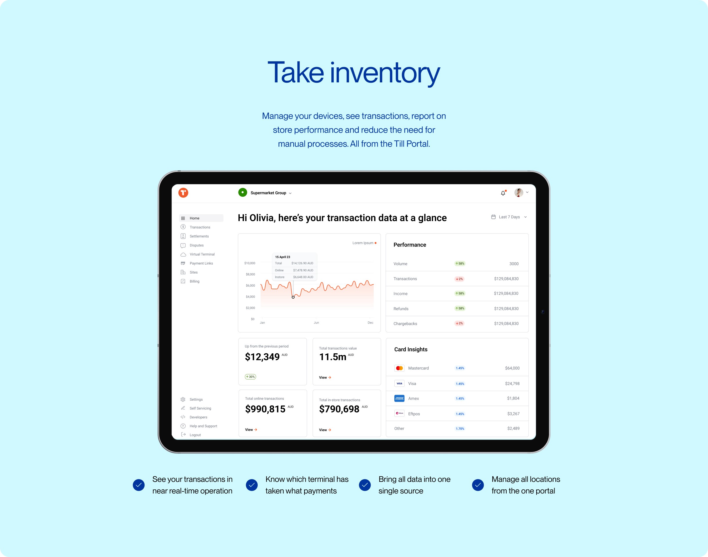 Till Portal dashboard on a tablet, pale blue Take inventory page with transaction charts