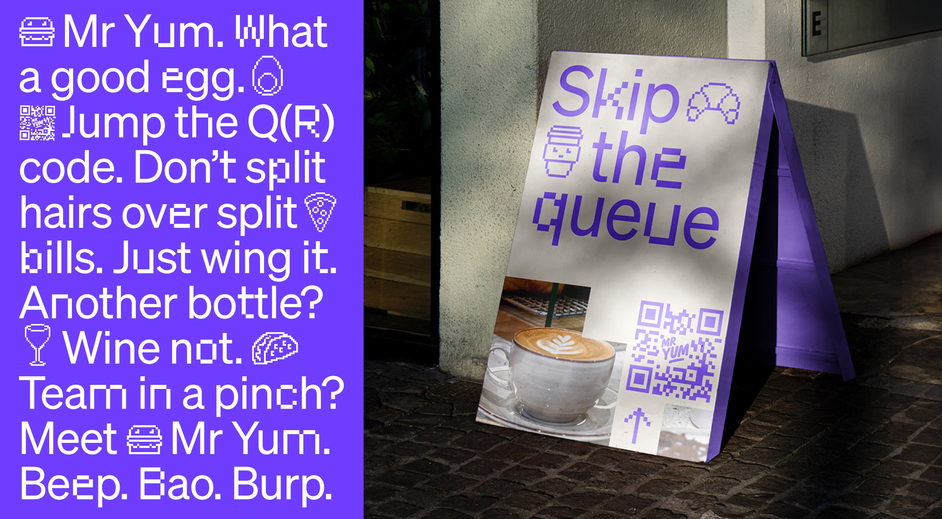 Brand voice lines beside a street A-frame reading 'Skip the queue' with coffee photo and QR code