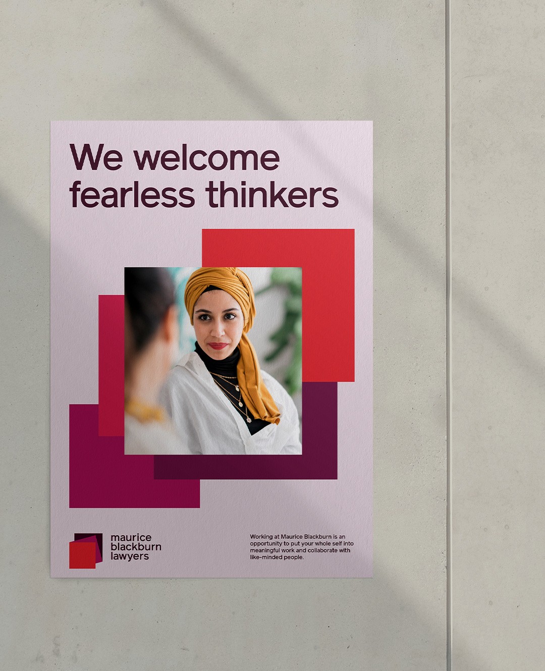 'We welcome fearless thinkers' recruitment poster on concrete, portrait framed by overlapping squares
