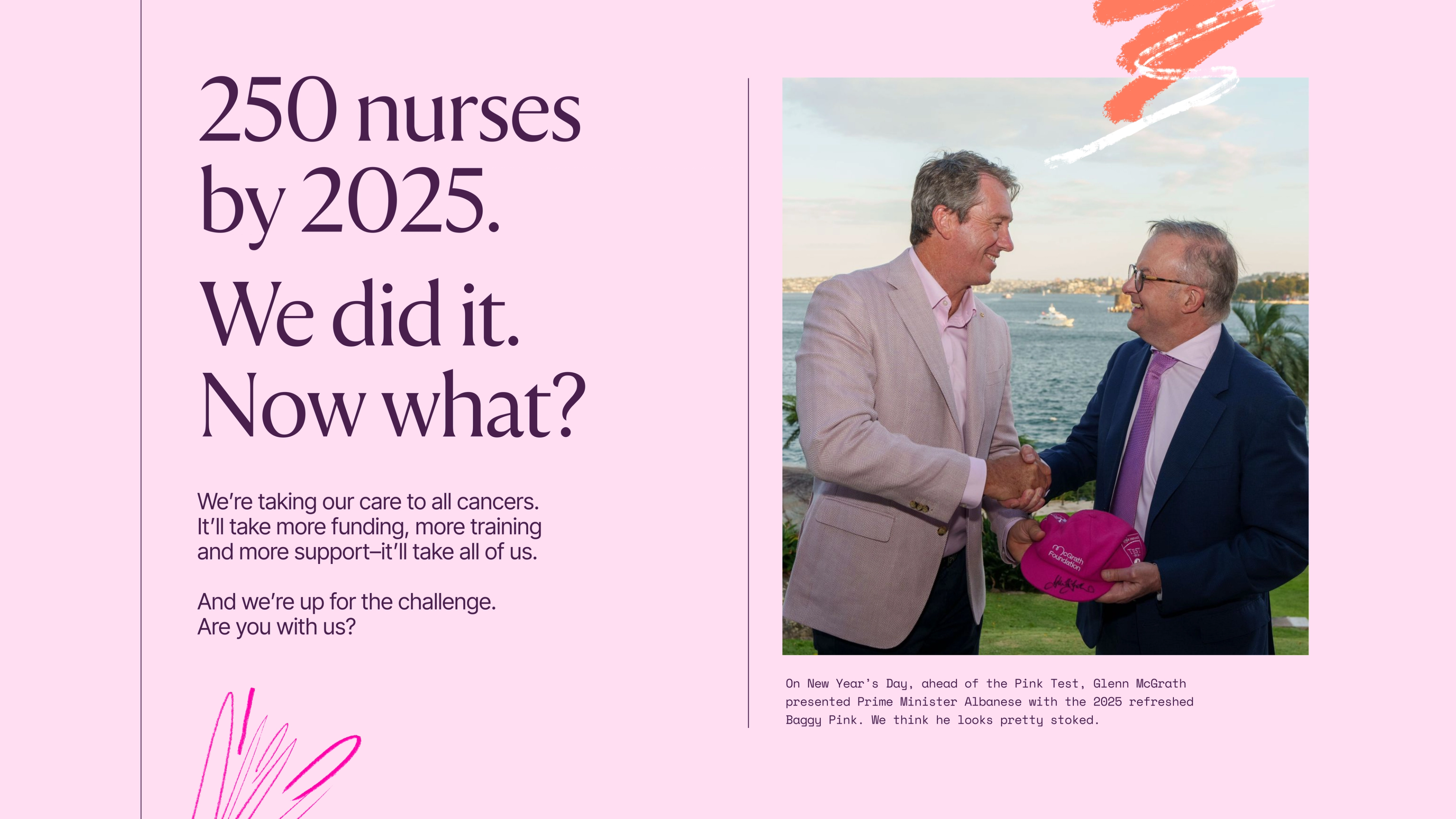 Presentation slide asking 250 nurses by 2025, we did it, now what, beside a handshake photo