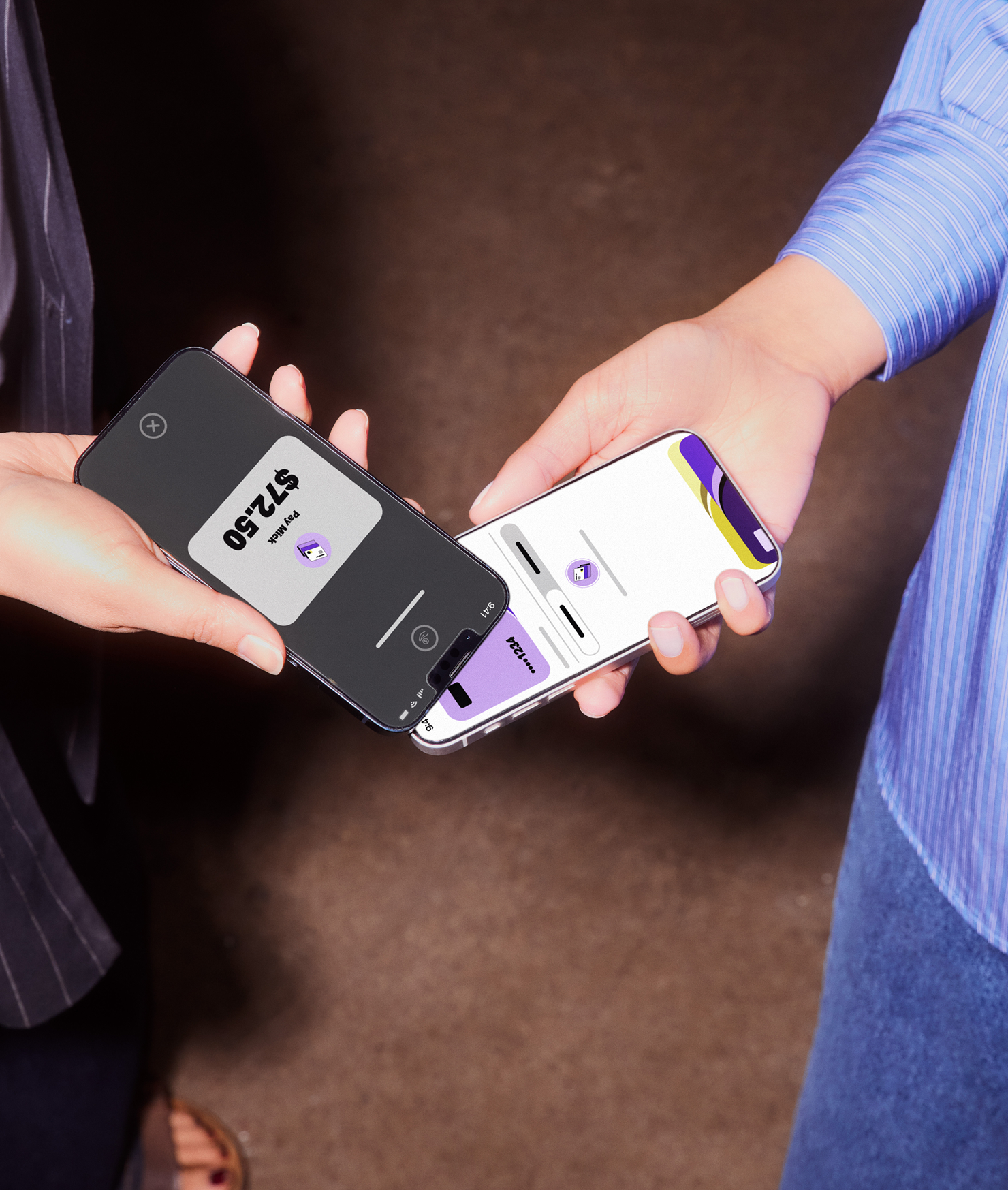 Two hands passing phones showing a $72.50 payment request in the Solo app