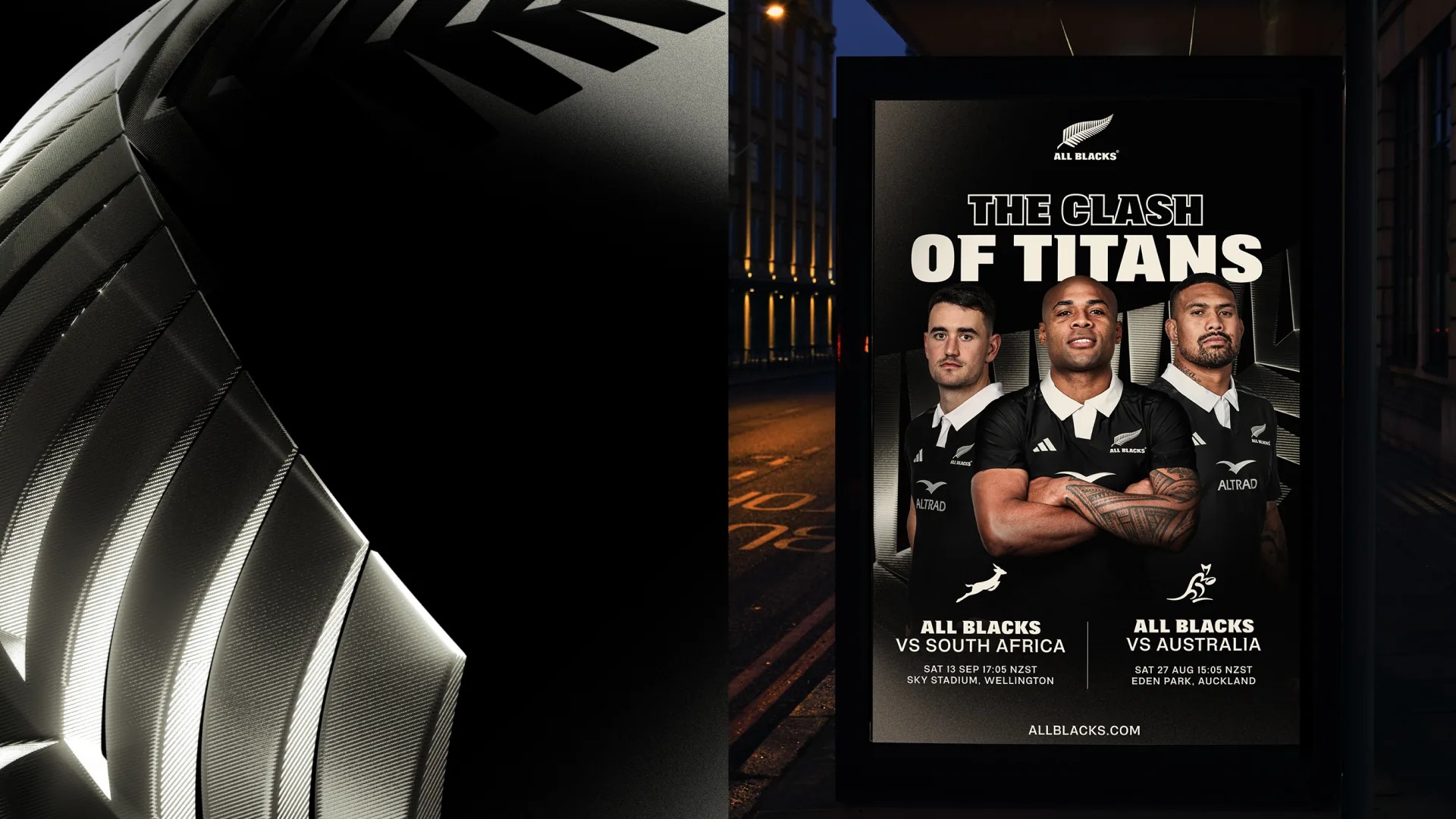 Silver fern detail beside a street-side digital poster, "The Clash of Titans" fixtures