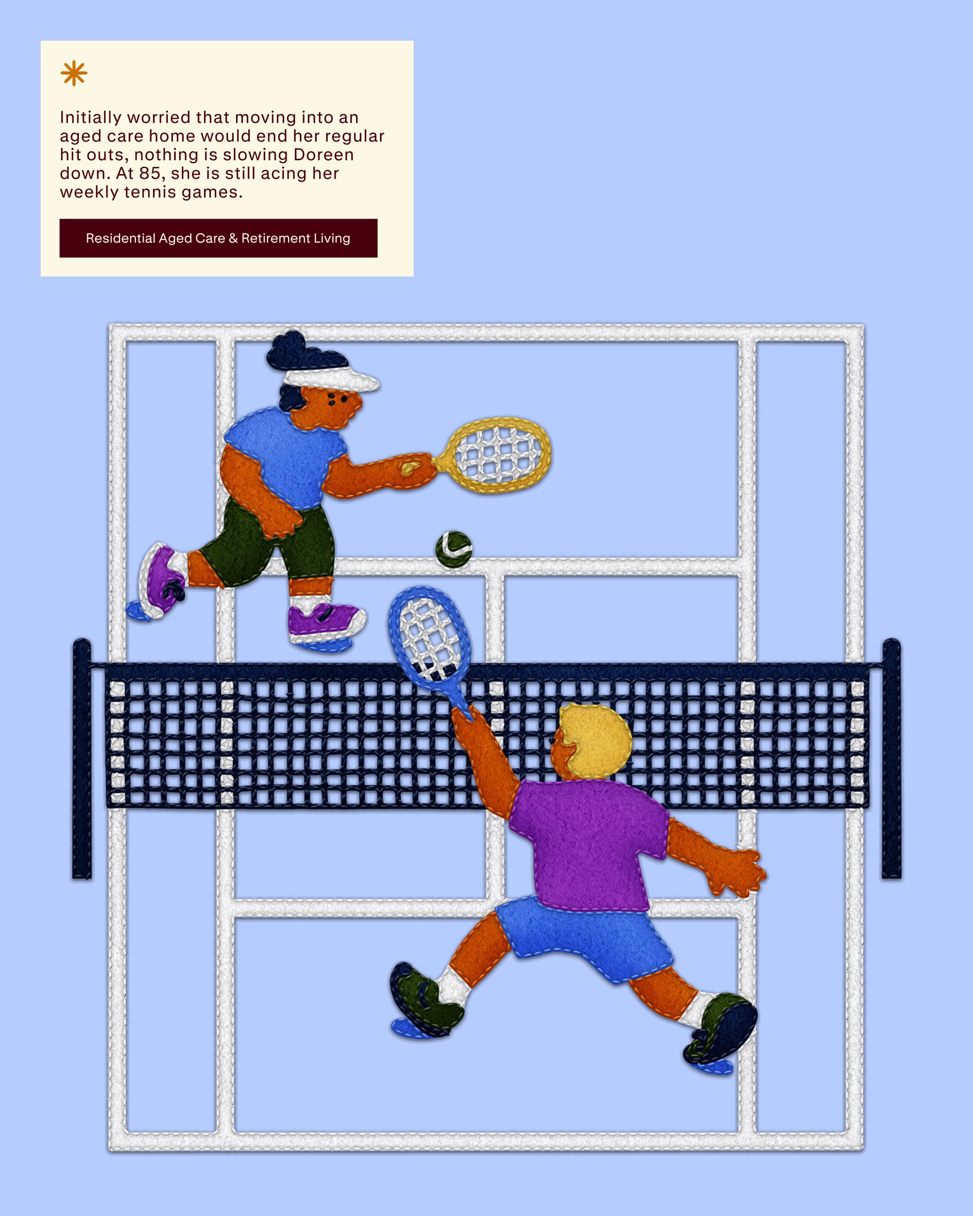 Felt-textured illustration of two people mid-rally on a tennis court, with a resident's story