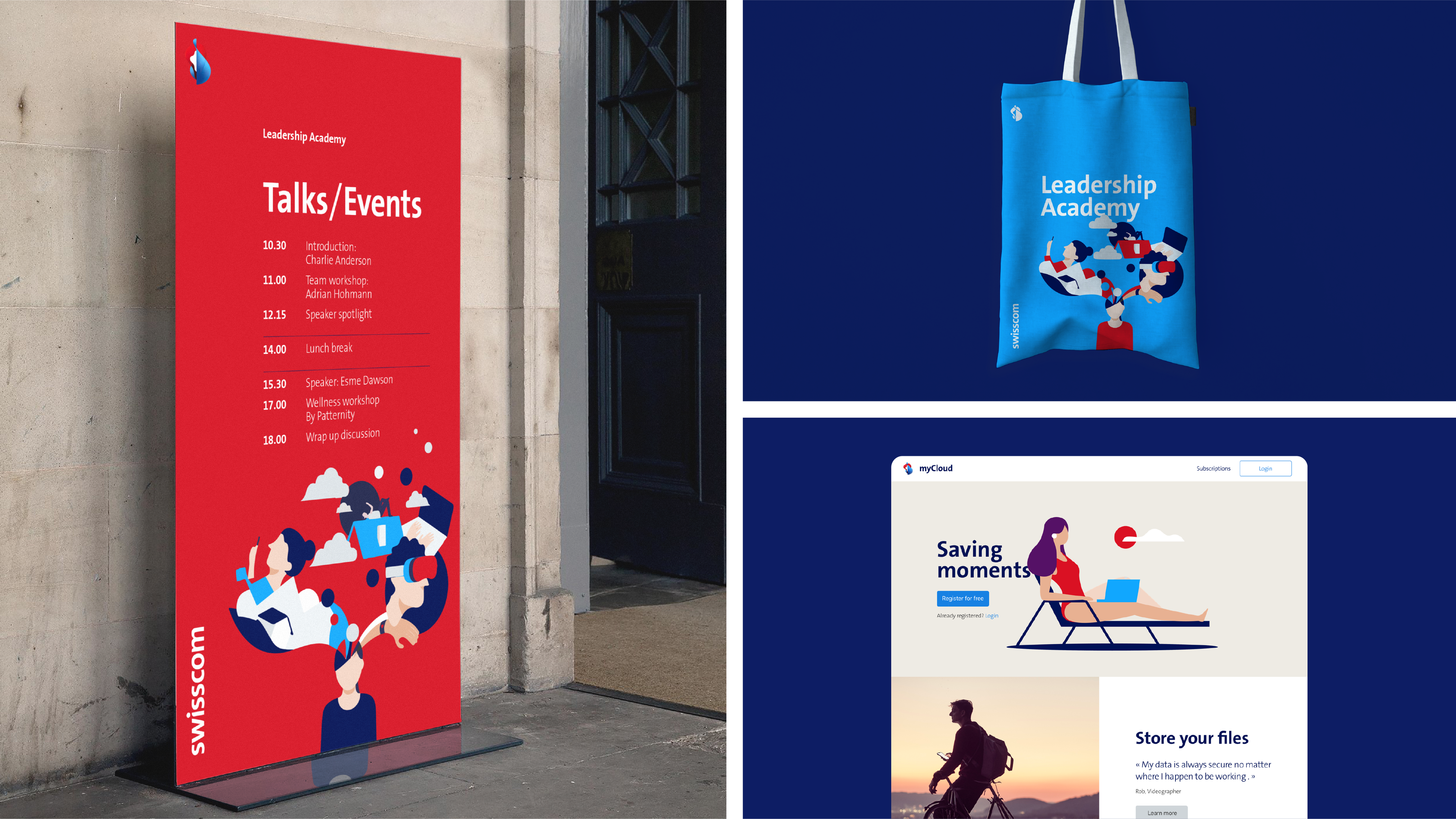 Swisscom Leadership Academy suite: red event totem, illustrated tote bag and the myCloud web page