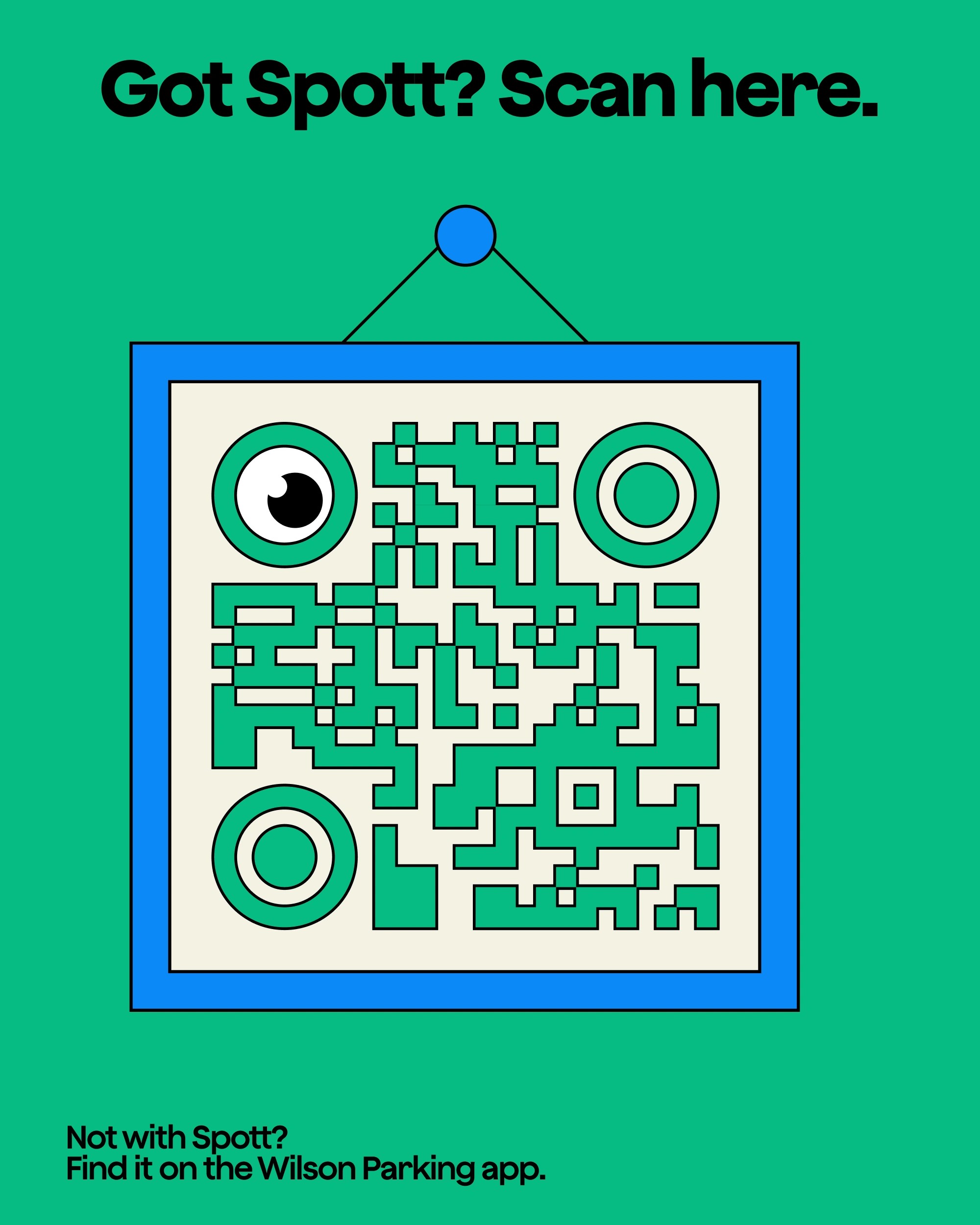 Poster where a framed QR code becomes a face, an eyeball standing in for one corner marker