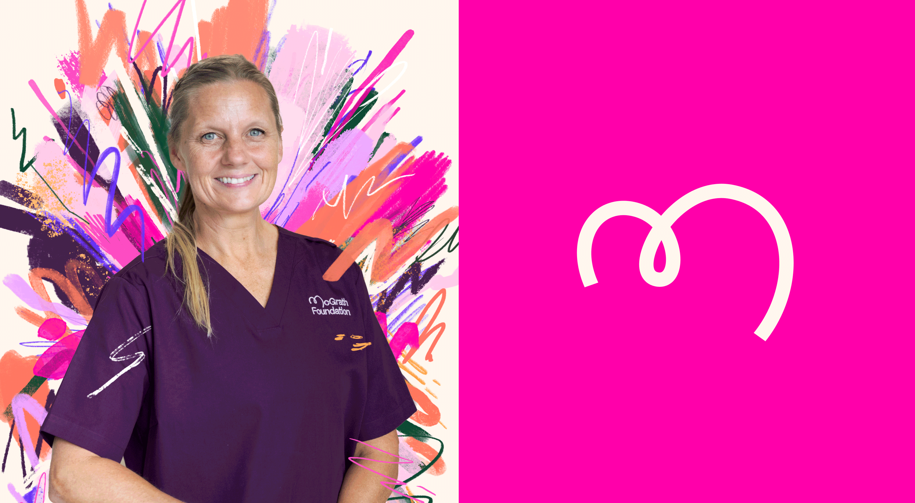 Nurse portrait against an expressive brushstroke burst, next to the white heart monogram on magenta