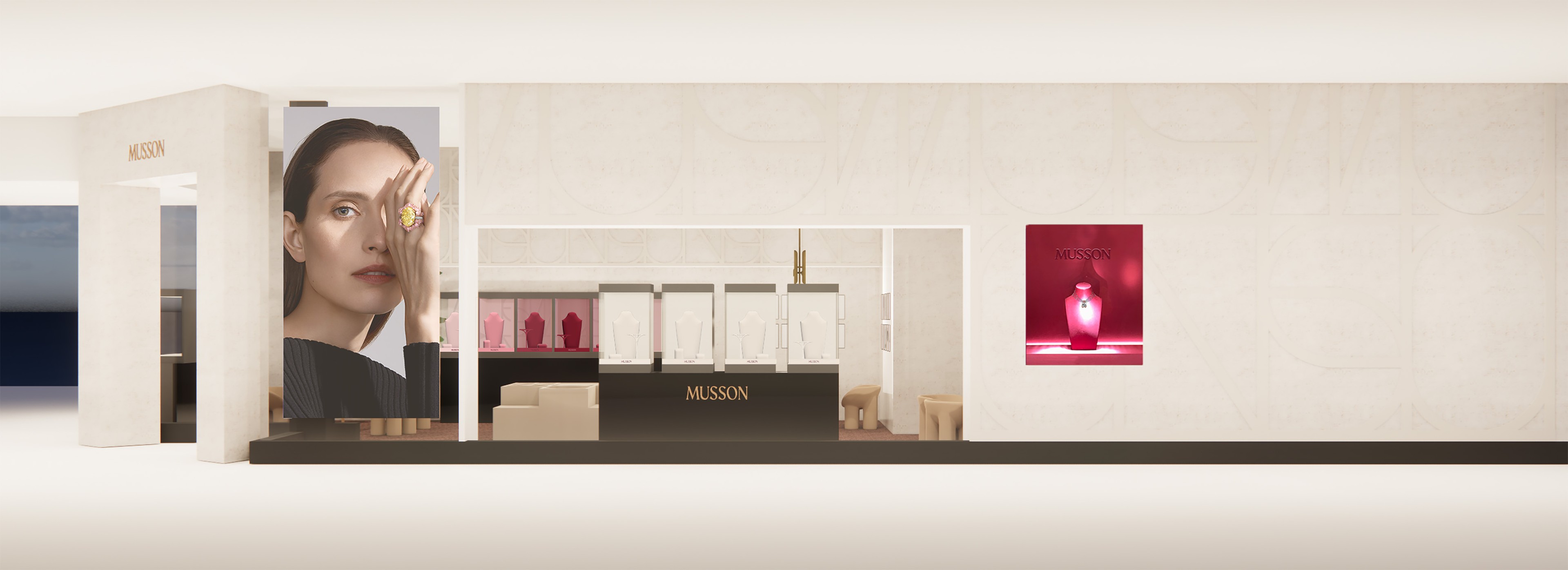 Wide elevation render of the store: campaign portrait, display cabinets and lit product poster