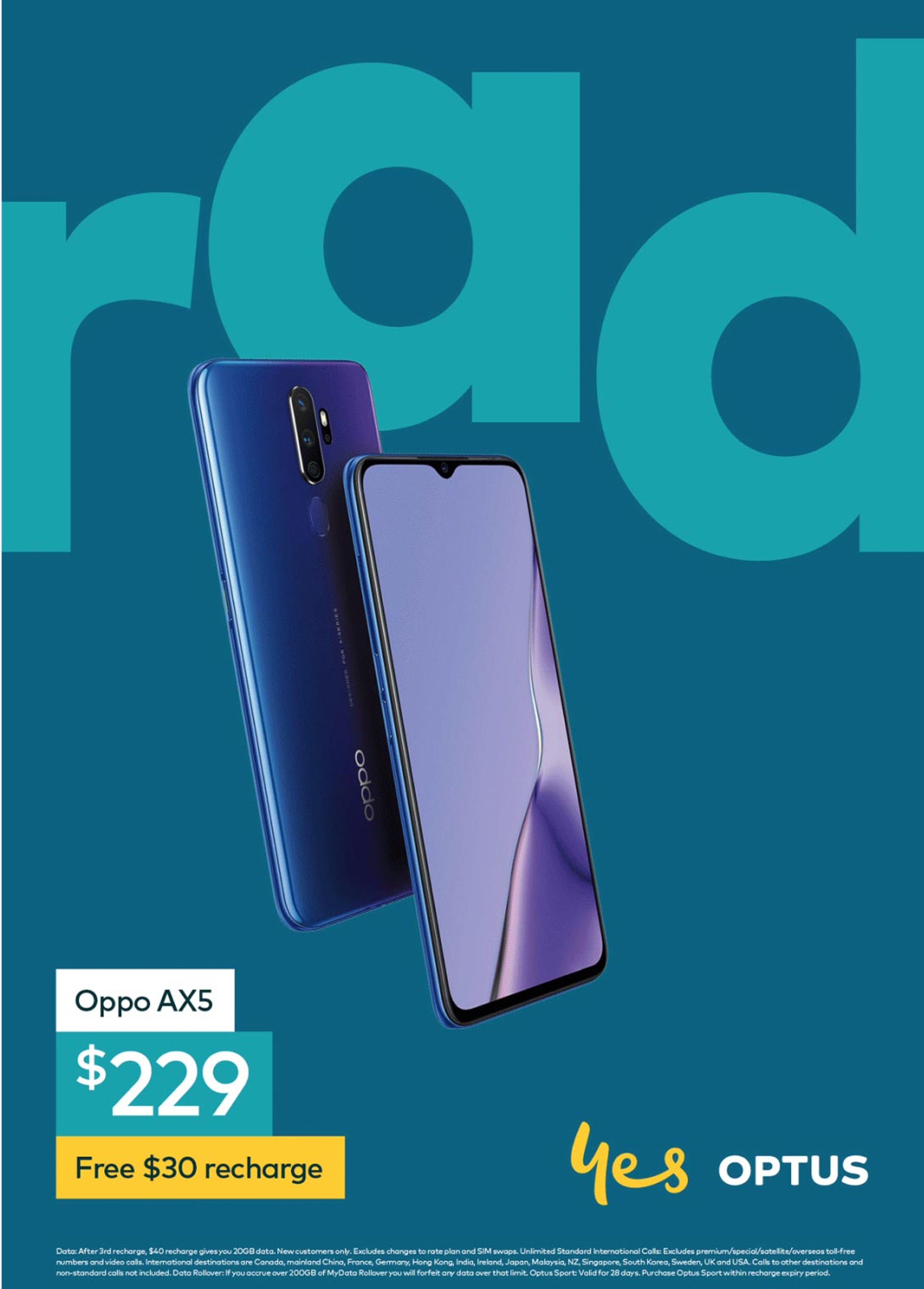 Tonal teal poster with large 'rad' lettering and the Oppo AX5 handset priced at $229