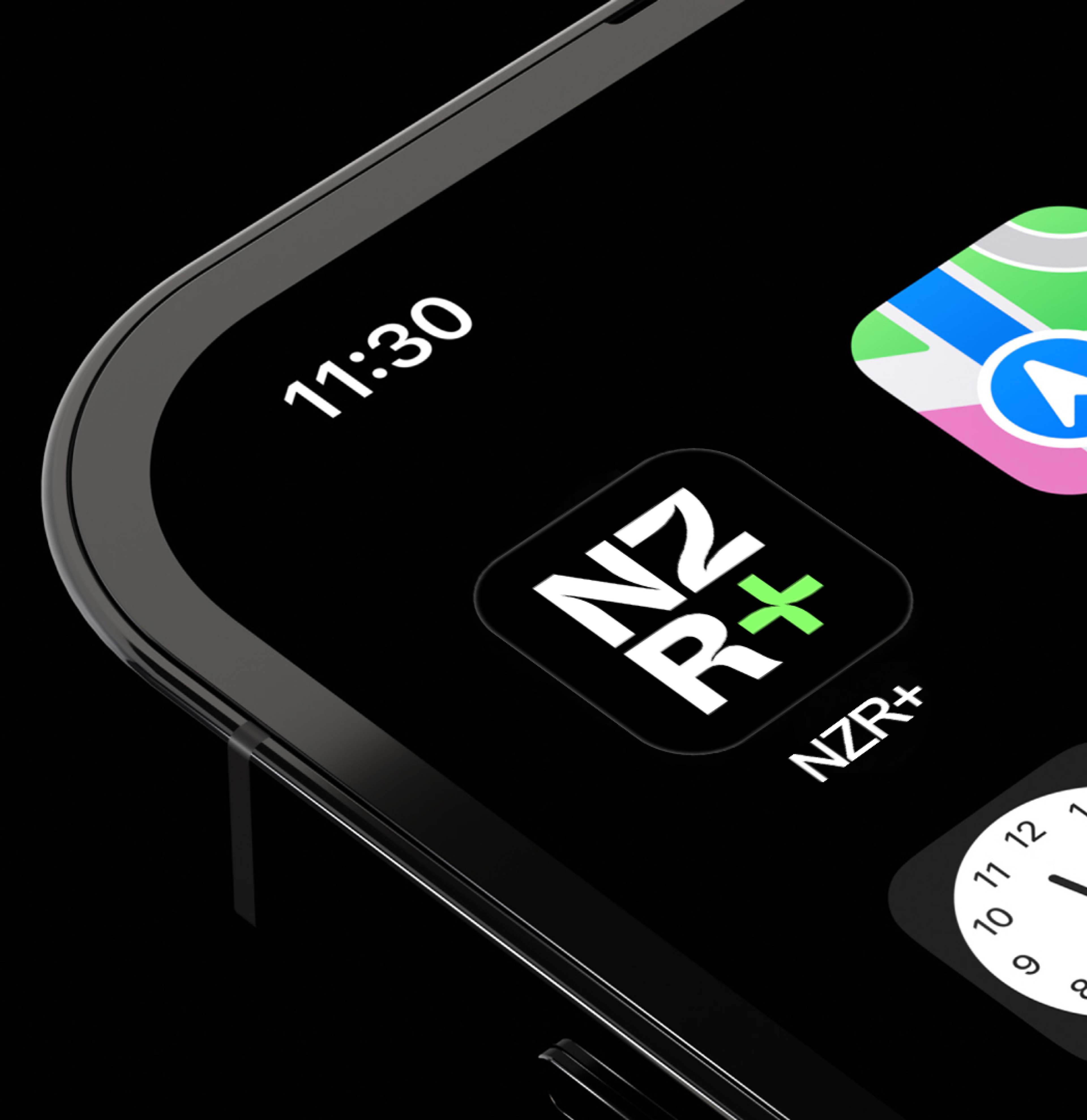 Close-up of a phone home screen showing the NZR+ app icon in white type with a neon green plus