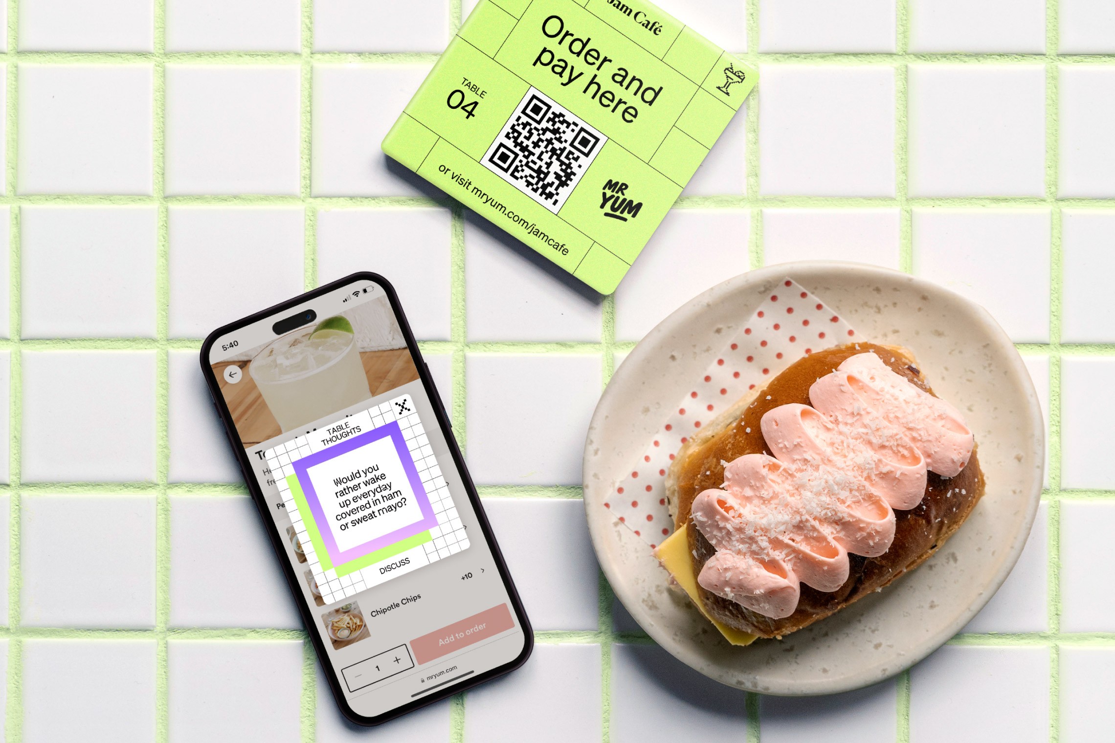 Lime-green 'Order and pay here' table card next to a playful app poll screen and a pastry