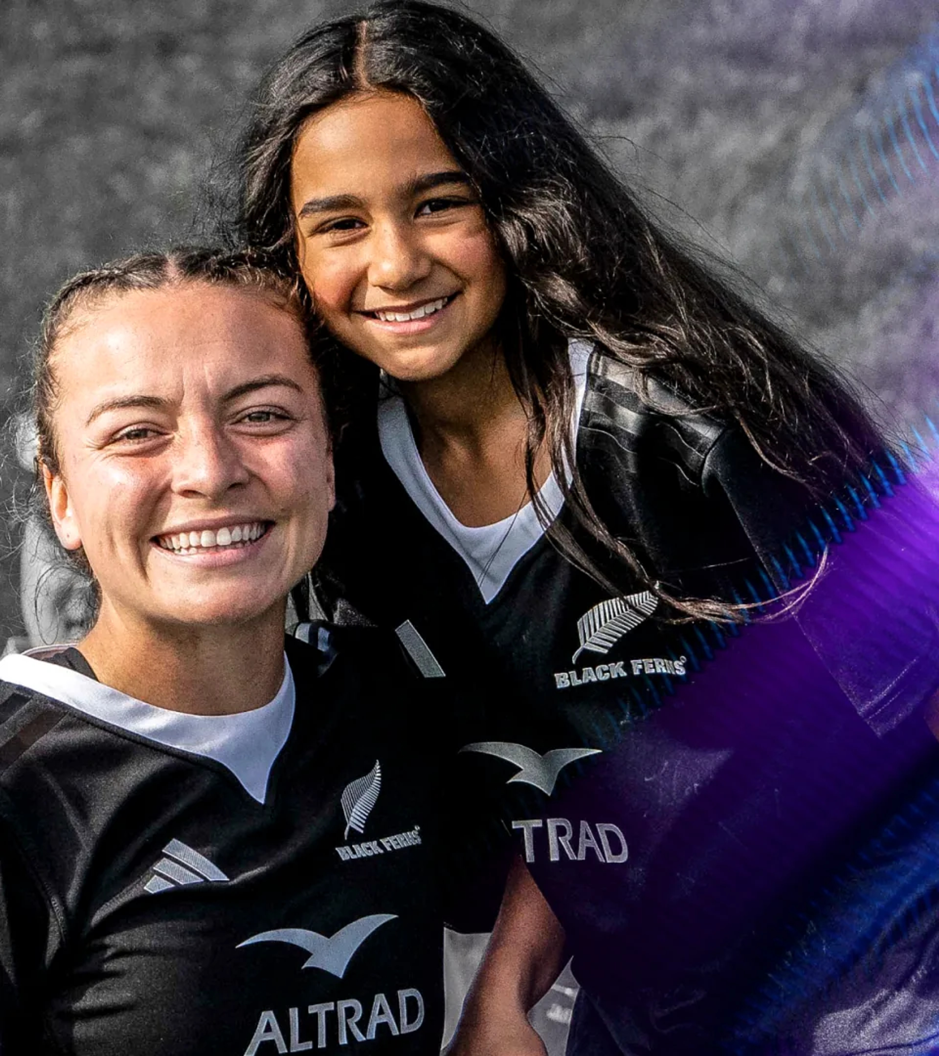 Black Ferns player and a young fan in matching jerseys, purple fern graphic overlaid