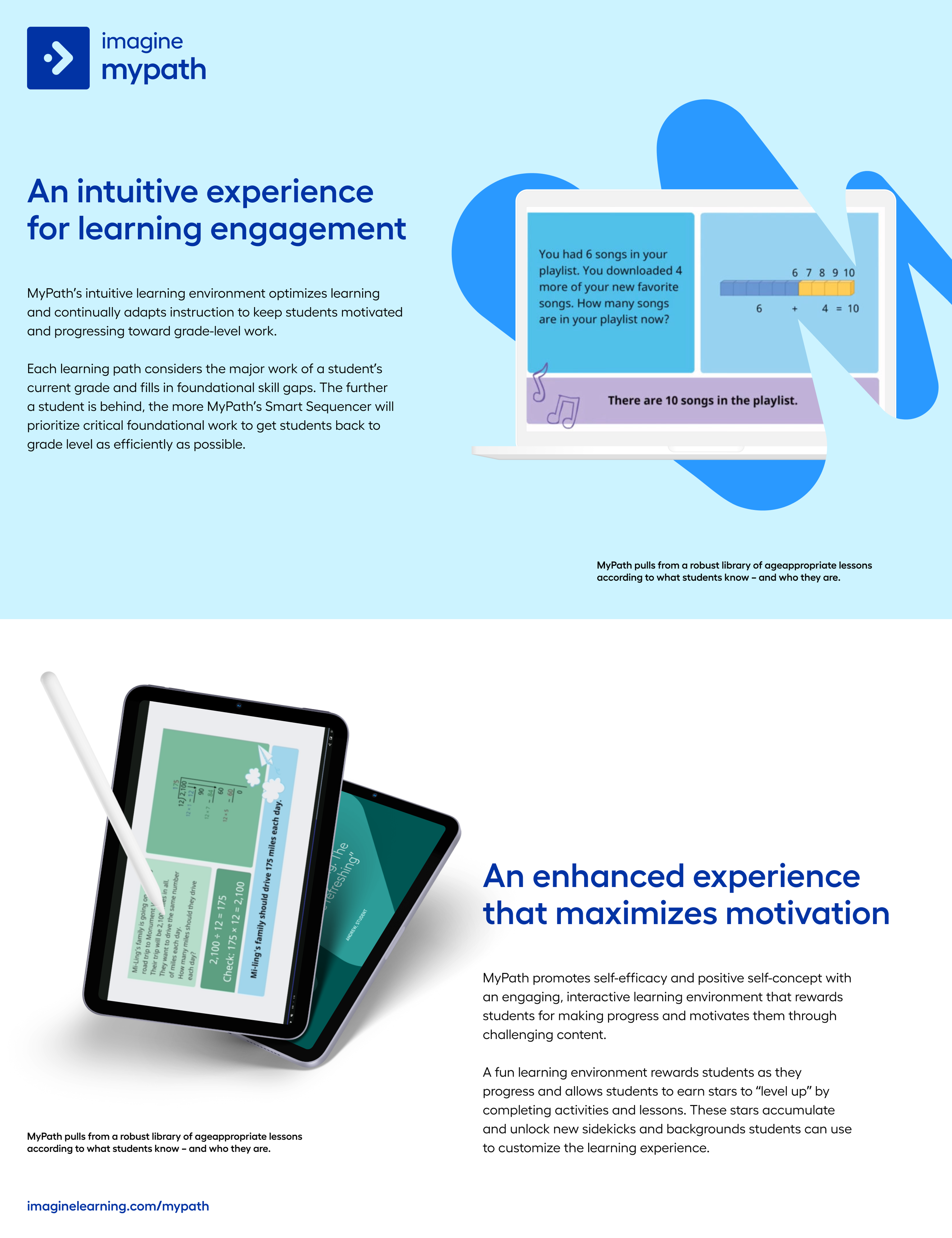 Imagine MyPath brochure page, laptop and tablet lesson screens floating on blue blob shapes