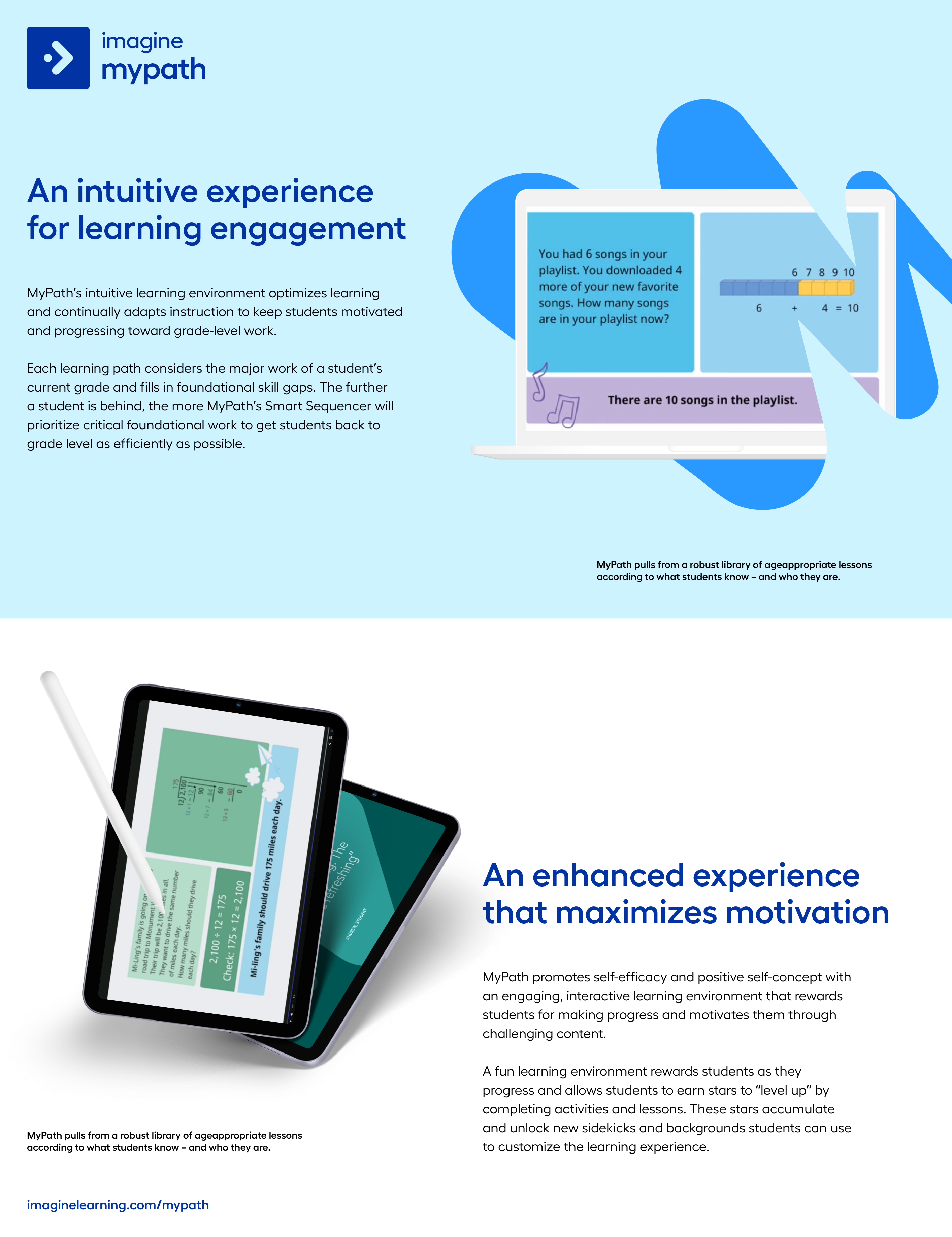 Imagine MyPath brochure page, laptop and tablet lesson screens floating on blue blob shapes