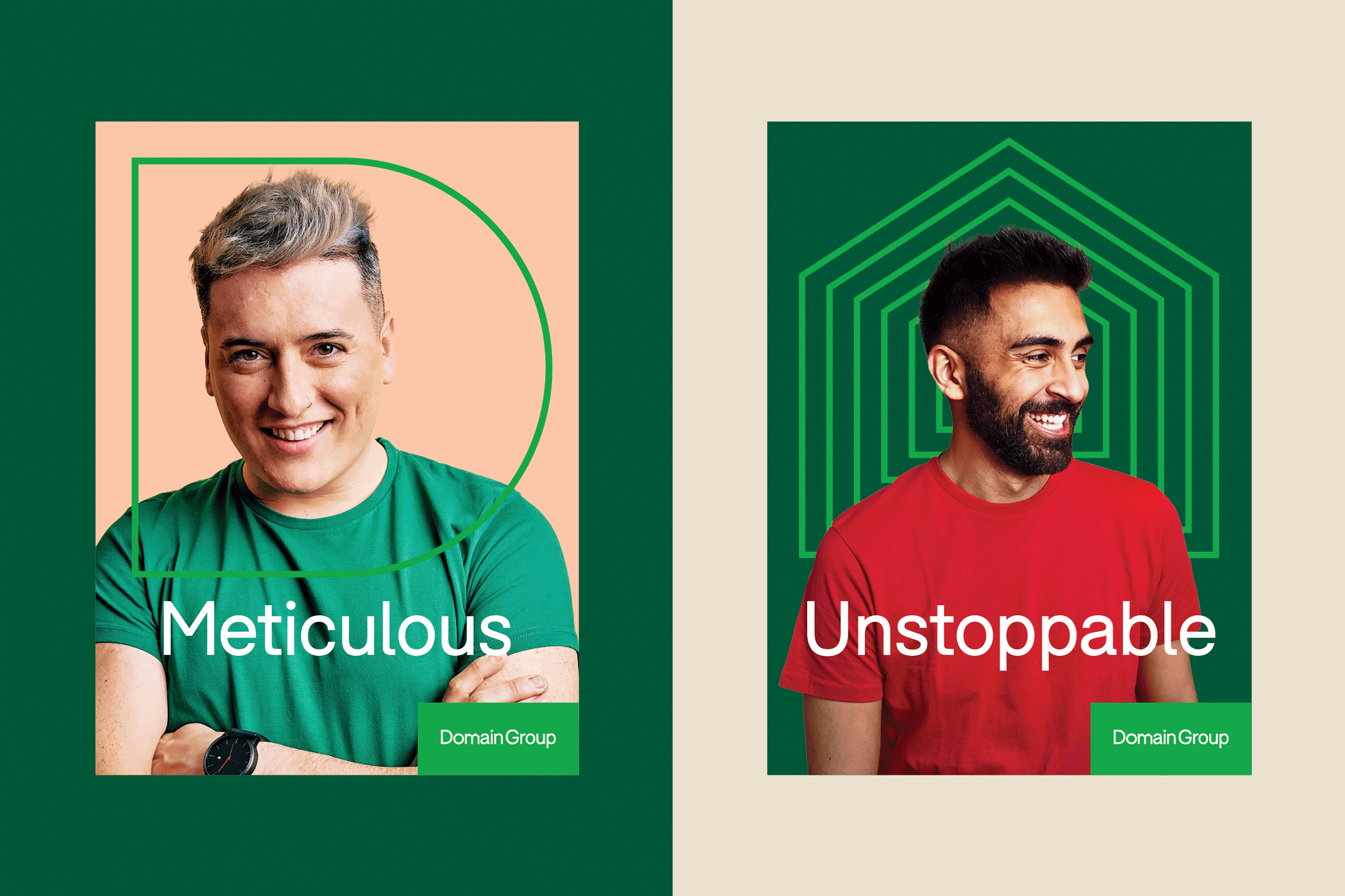 Employer brand poster pair, 'Meticulous' on peach and 'Unstoppable' on deep green