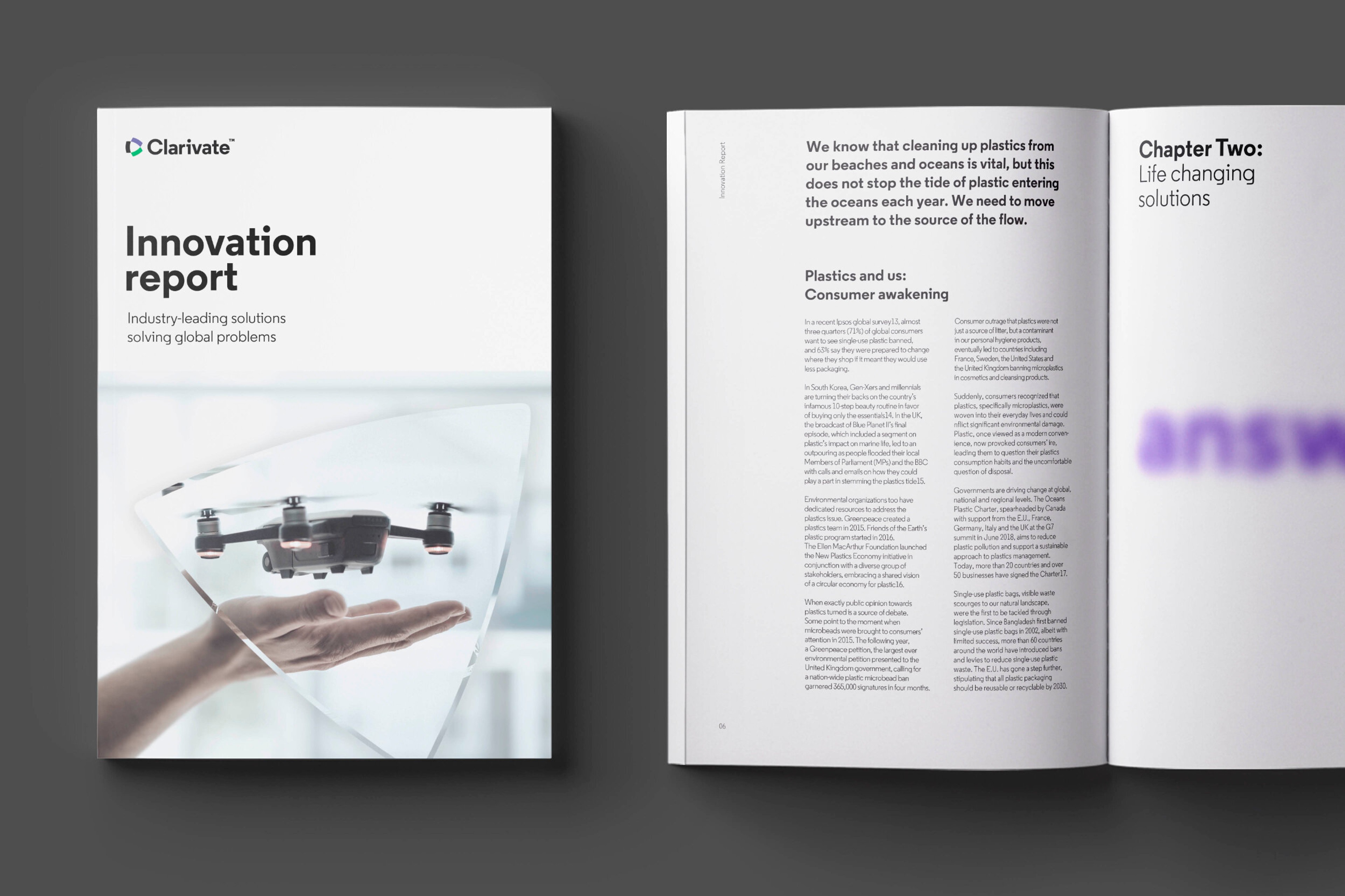 Innovation report cover with a drone photograph, shown beside an open printed editorial spread