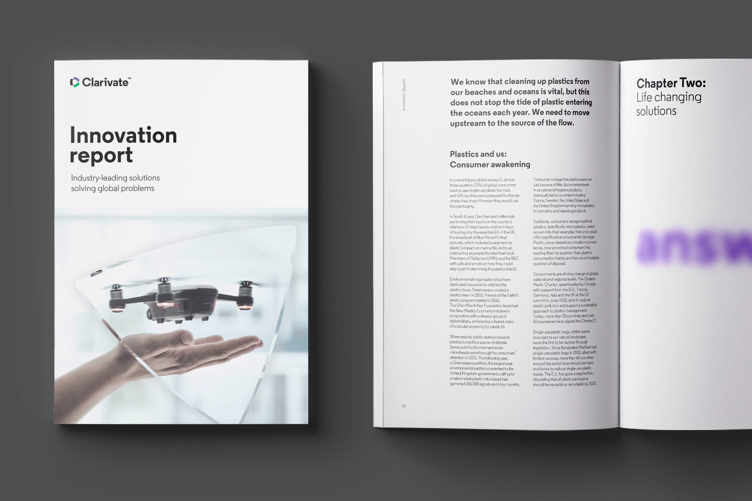 Innovation report cover with a drone photograph, shown beside an open printed editorial spread