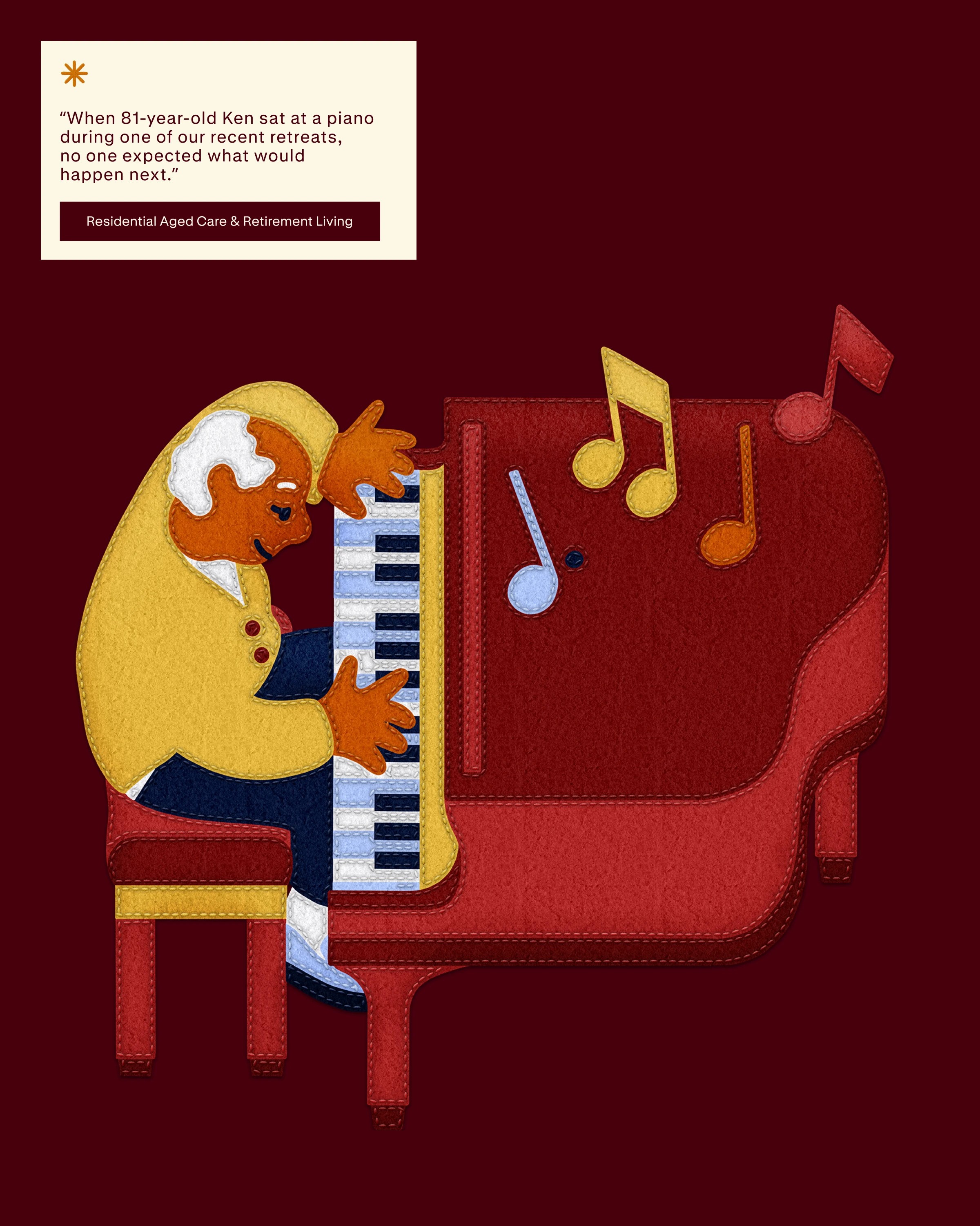Felt illustration of a pianist at a red grand piano, notes drifting, with a retreat story quote