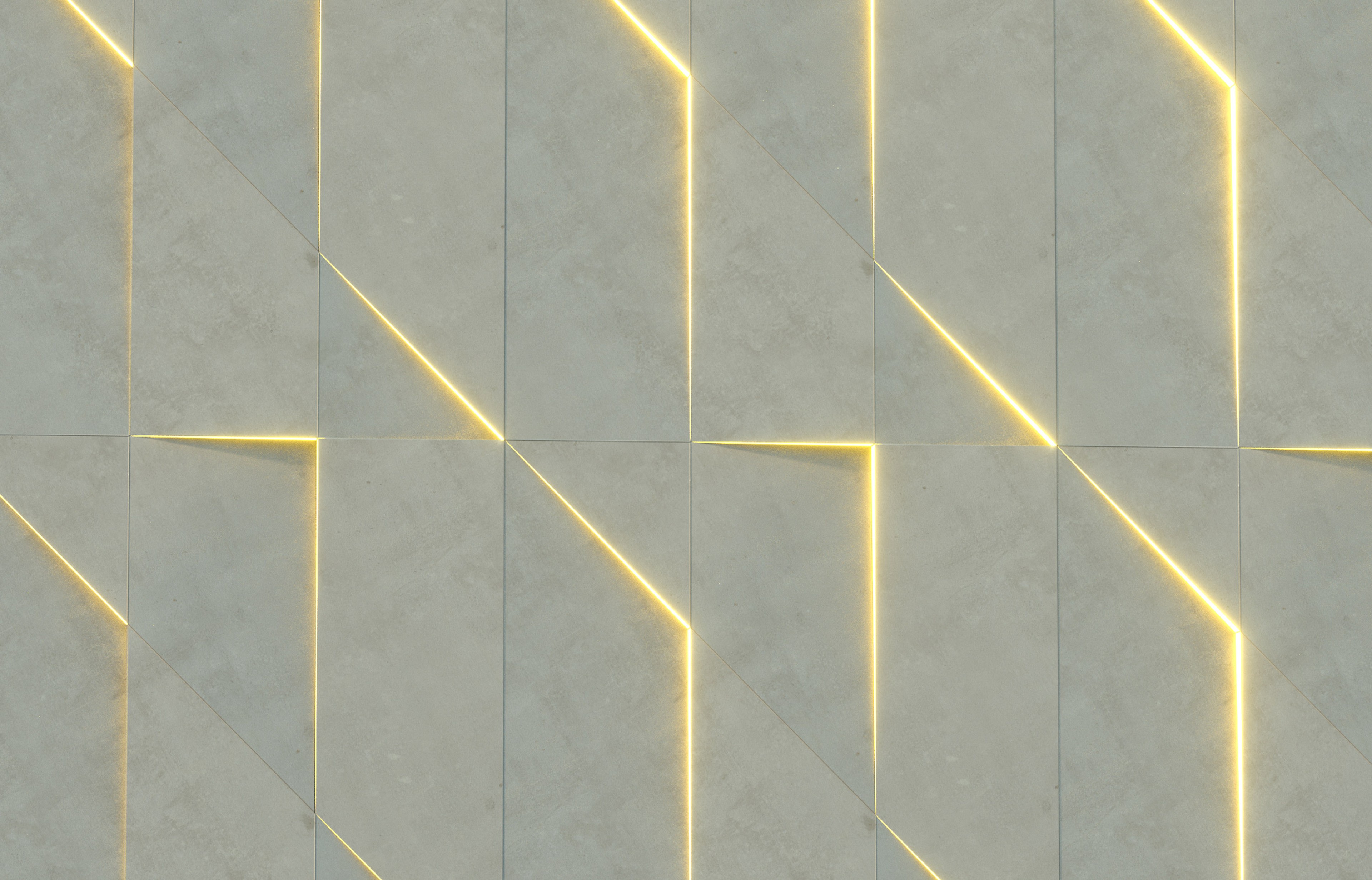 Concrete wall panels split by glowing yellow light lines forming angular chevrons