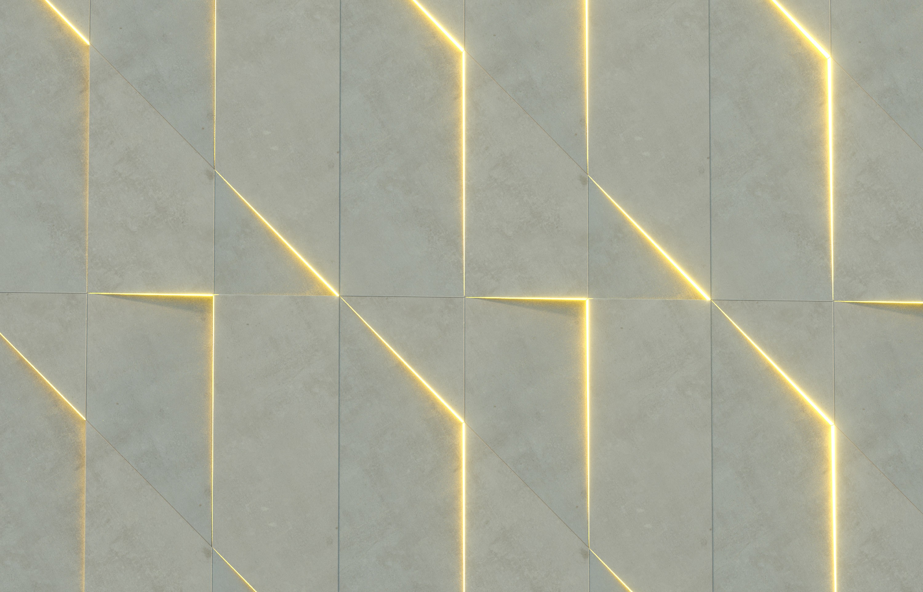 Concrete wall panels split by glowing yellow light lines forming angular chevrons