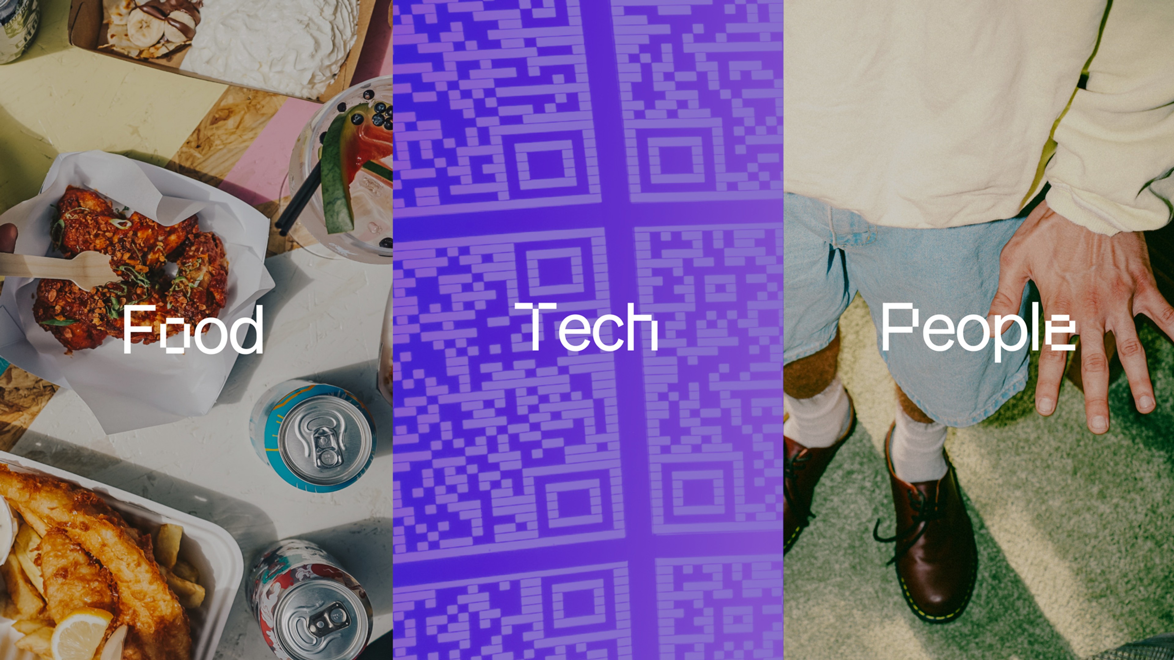 Triptych labelled Food, Tech and People: takeaway spread, purple QR pattern and a seated figure