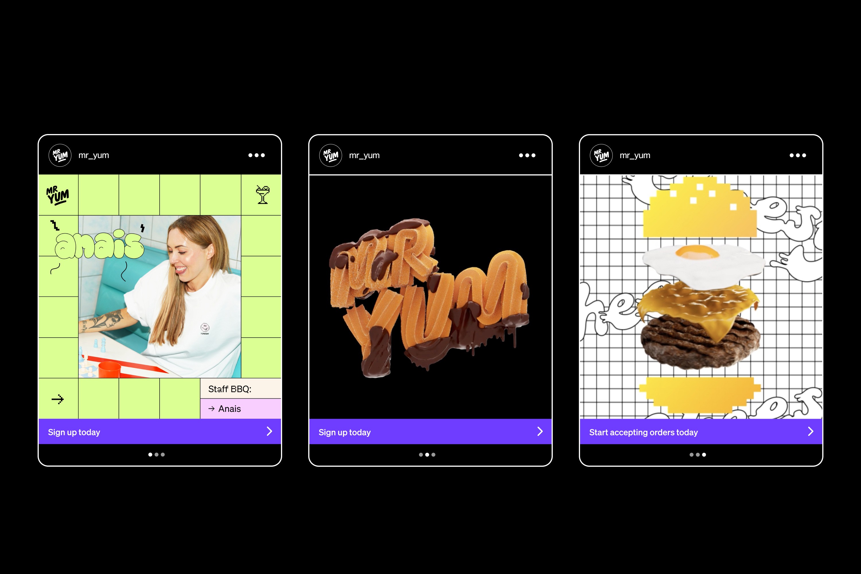 Three social ad frames: grid-lined photo, chocolate-drip Mr Yum lettering and an exploded burger