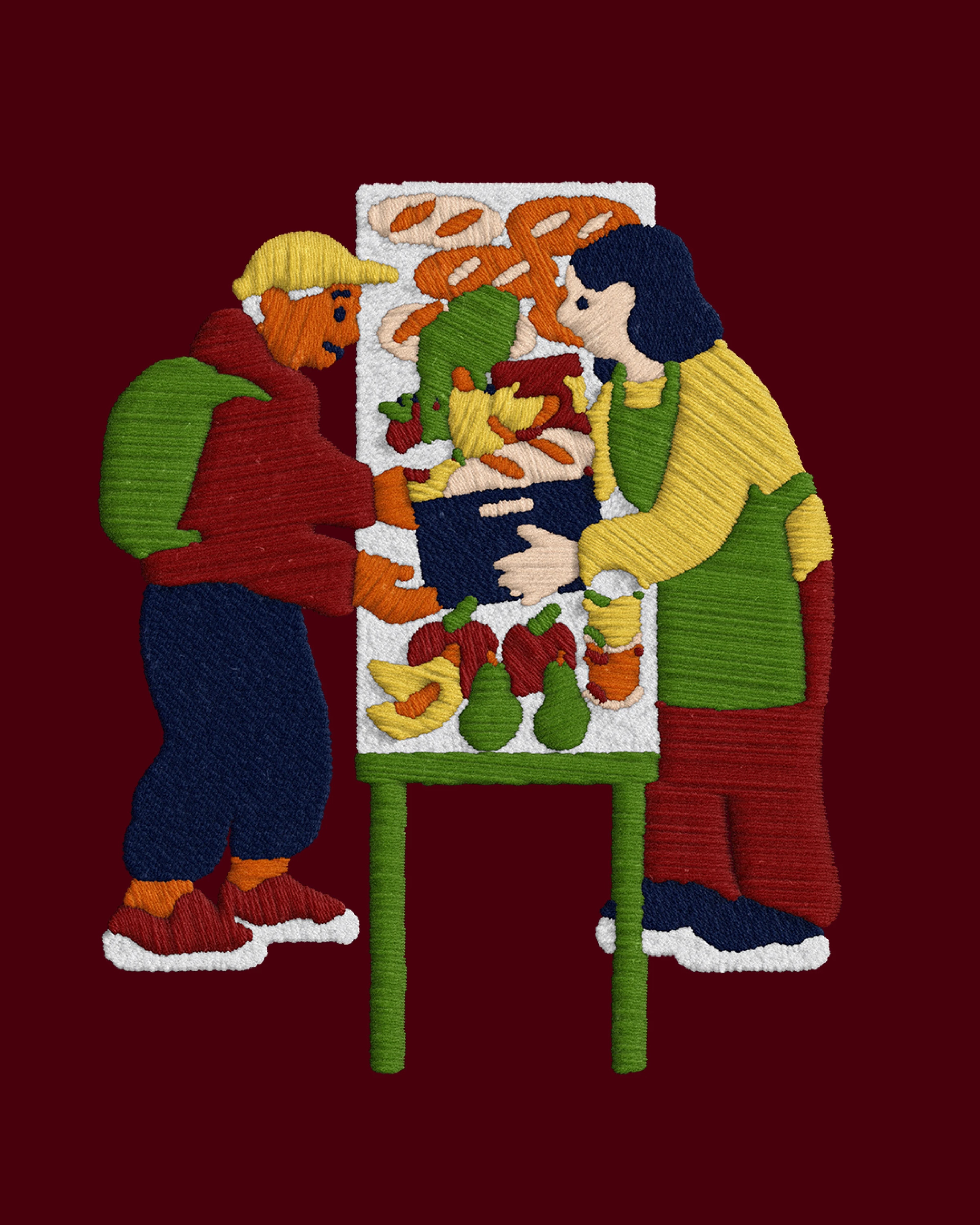 Stitched market stall scene — two shoppers over crates of bread, fruit and veg on maroon