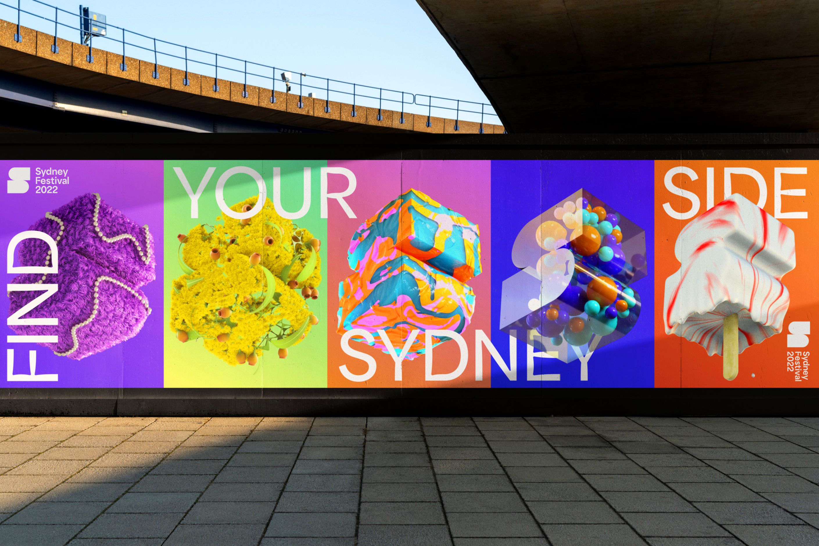 Five-panel Sydney Festival hoarding in purple, lime, orange and blue beneath a concrete overpass