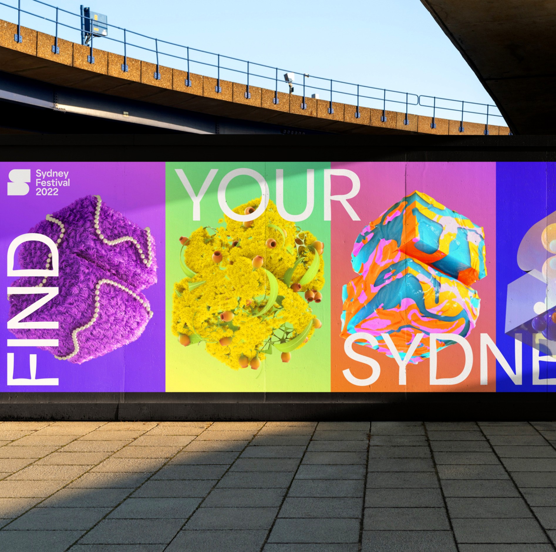 Five-panel Sydney Festival hoarding in purple, lime, orange and blue beneath a concrete overpass