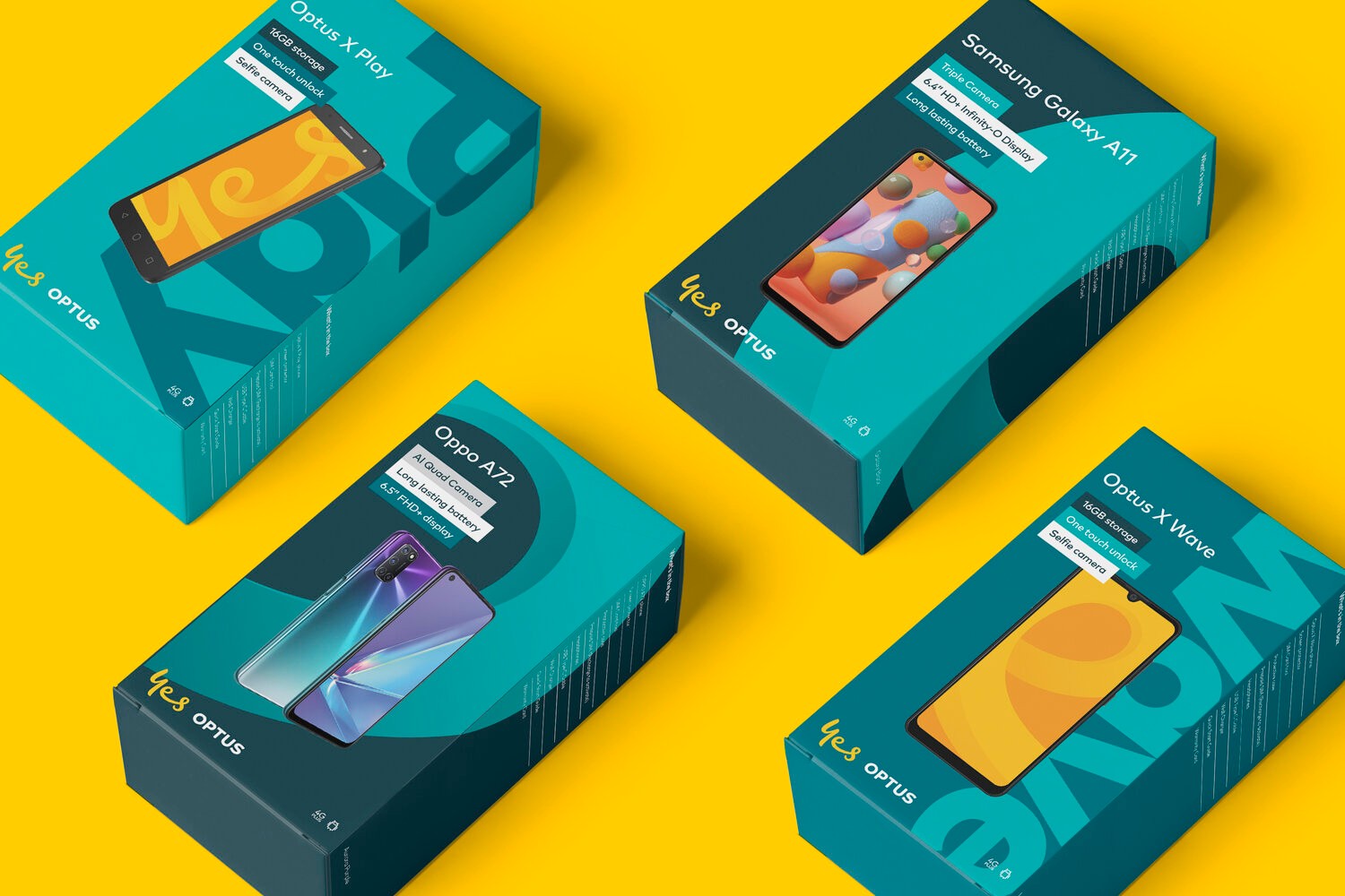 Four teal handset boxes on yellow — Optus X Play, X Wave, Galaxy A11 and Oppo A72 packaging
