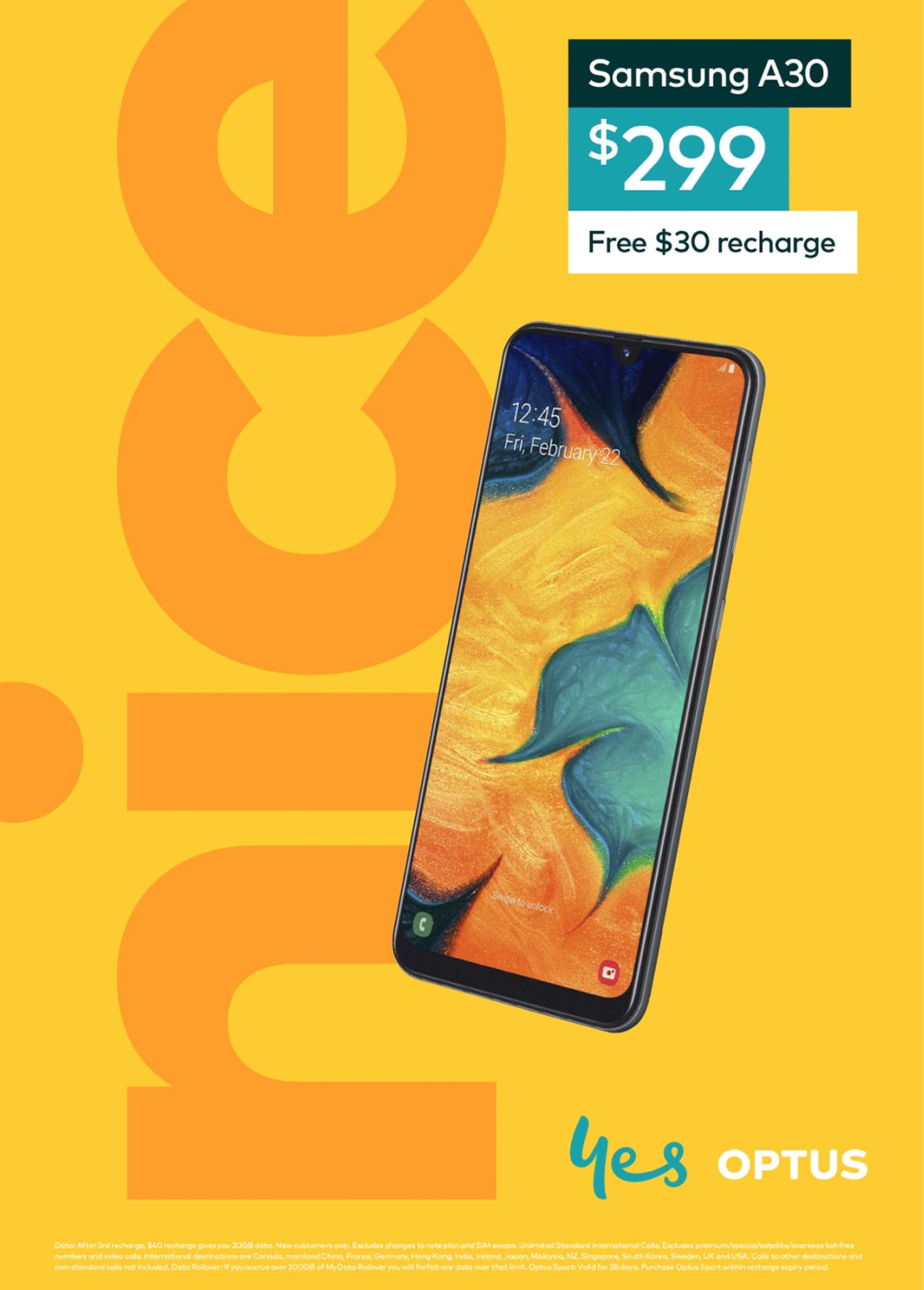 Yellow-on-yellow 'nice' poster for the Samsung A30, signed off with the Optus 'yes' lock-up