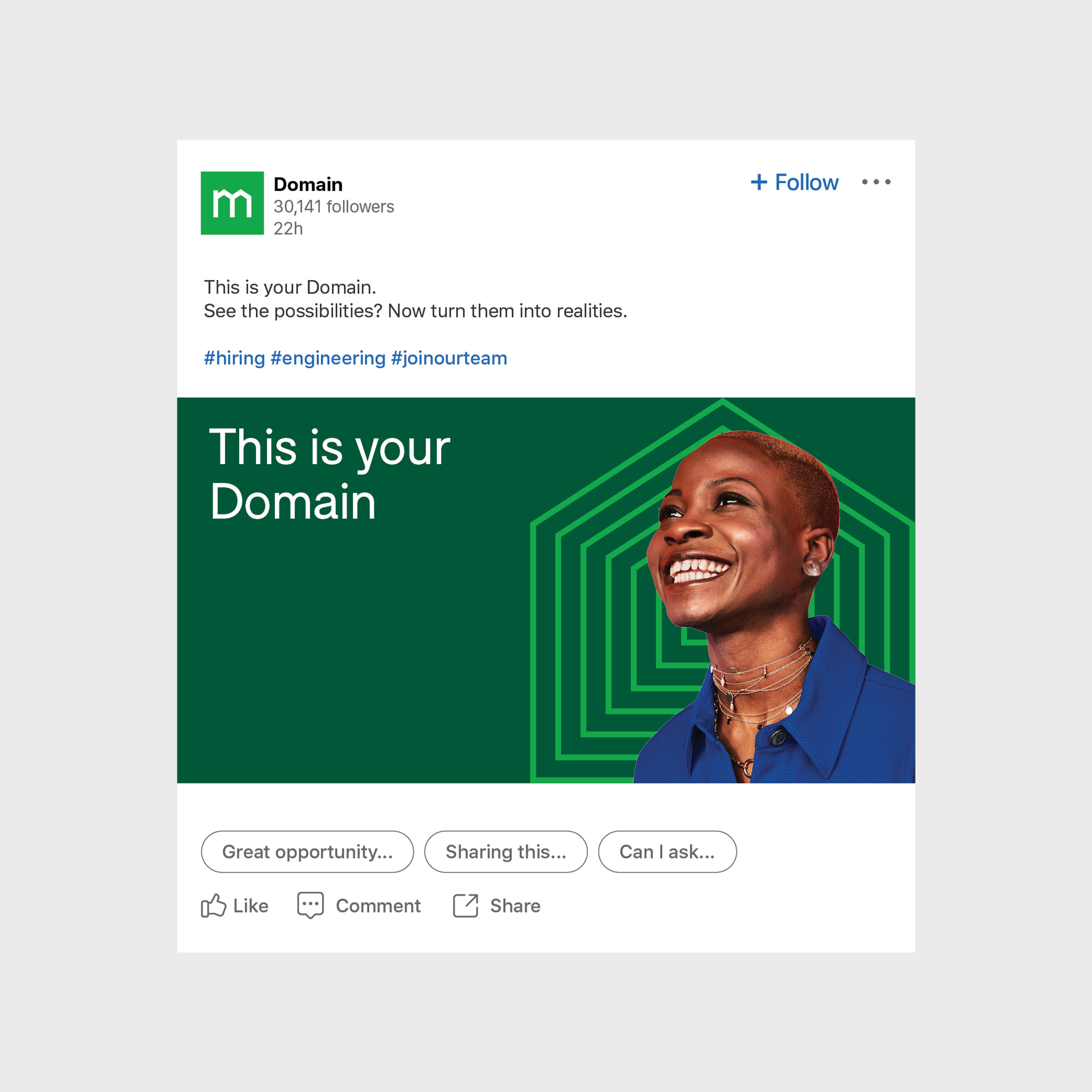 LinkedIn recruitment post mock-up with 'This is your Domain' over a concentric house outline