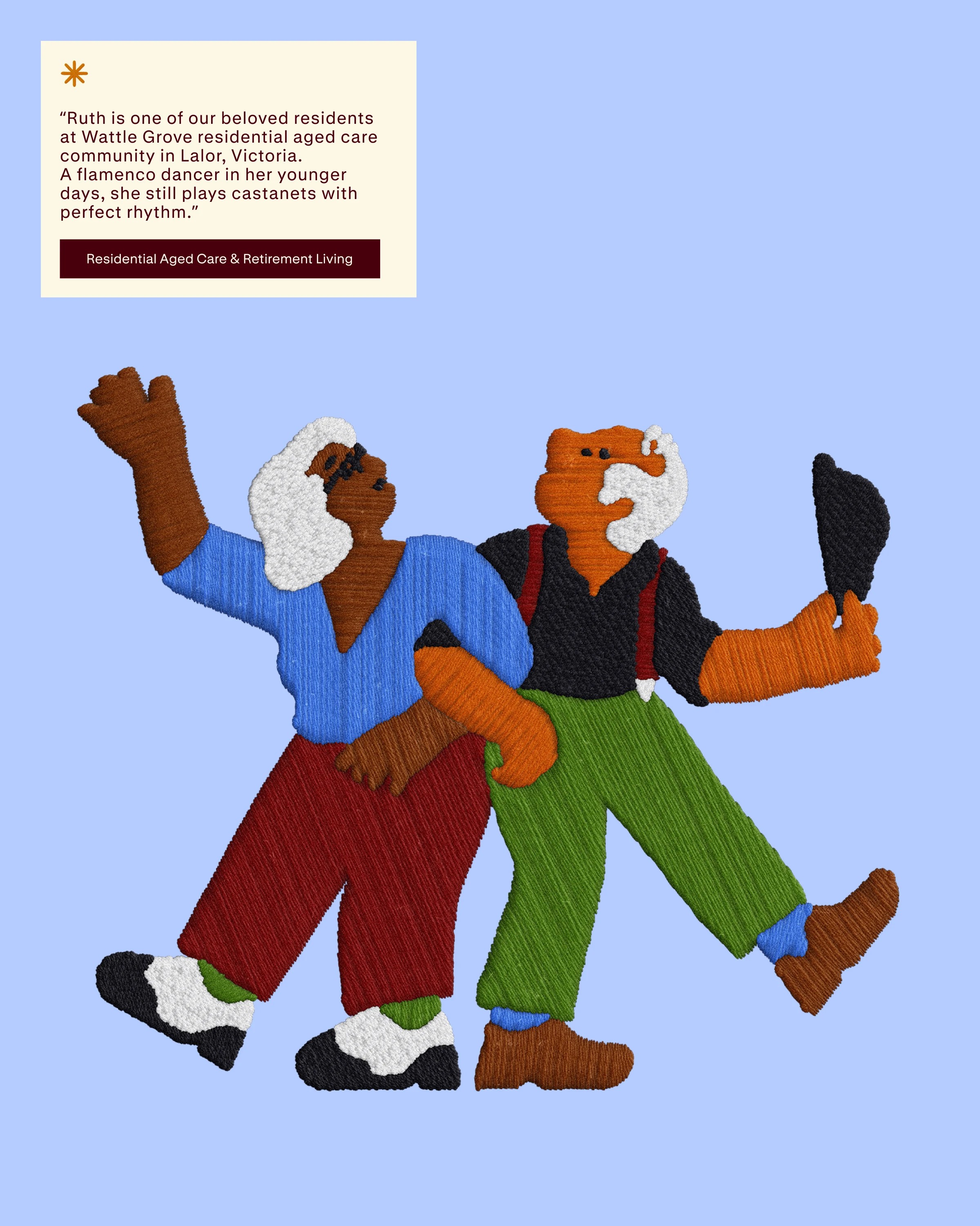 Yarn-stitched illustration of two older people dancing, paired with a resident's story quote card