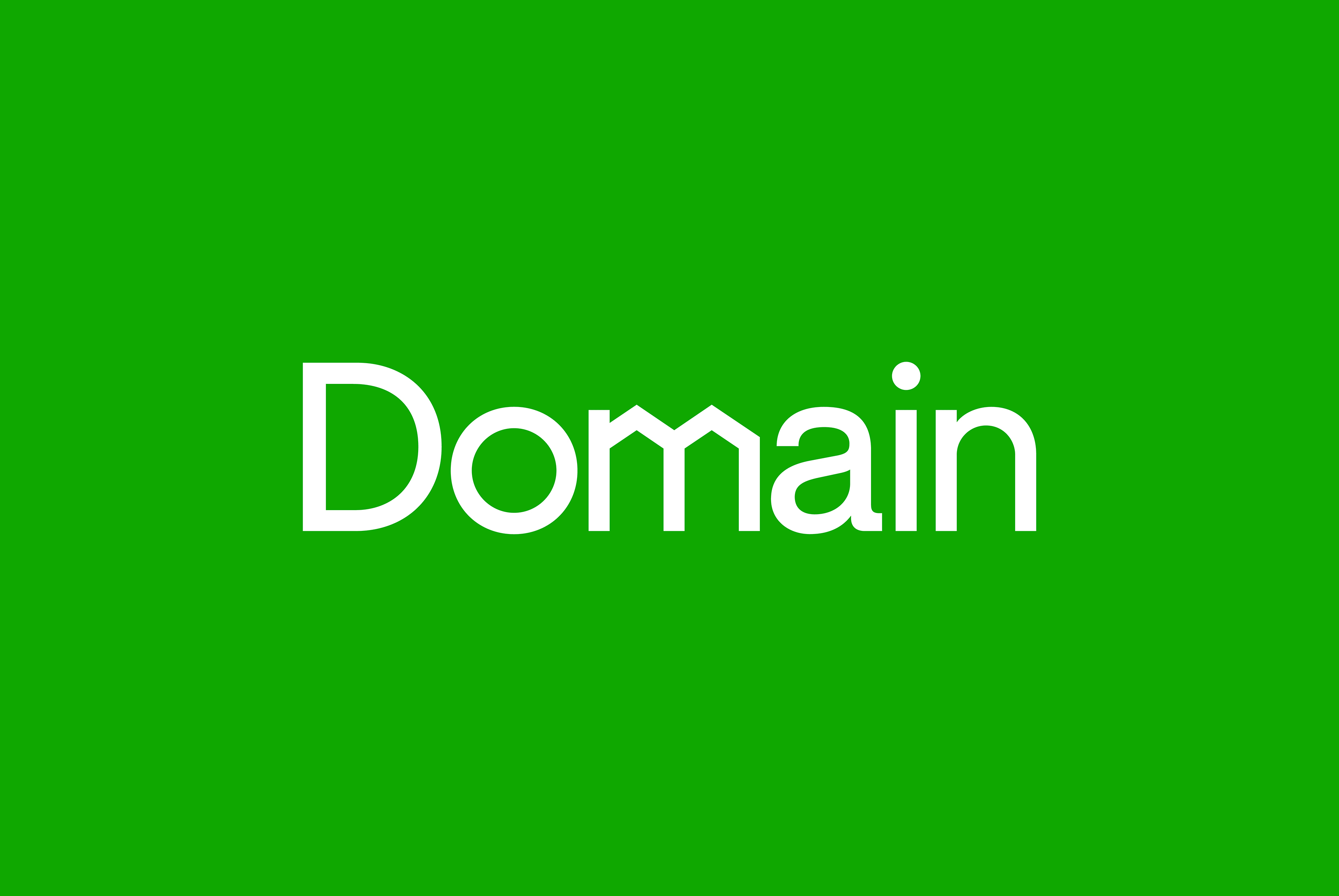New Domain wordmark, its letterforms carrying a rooftop peak, reversed out of green
