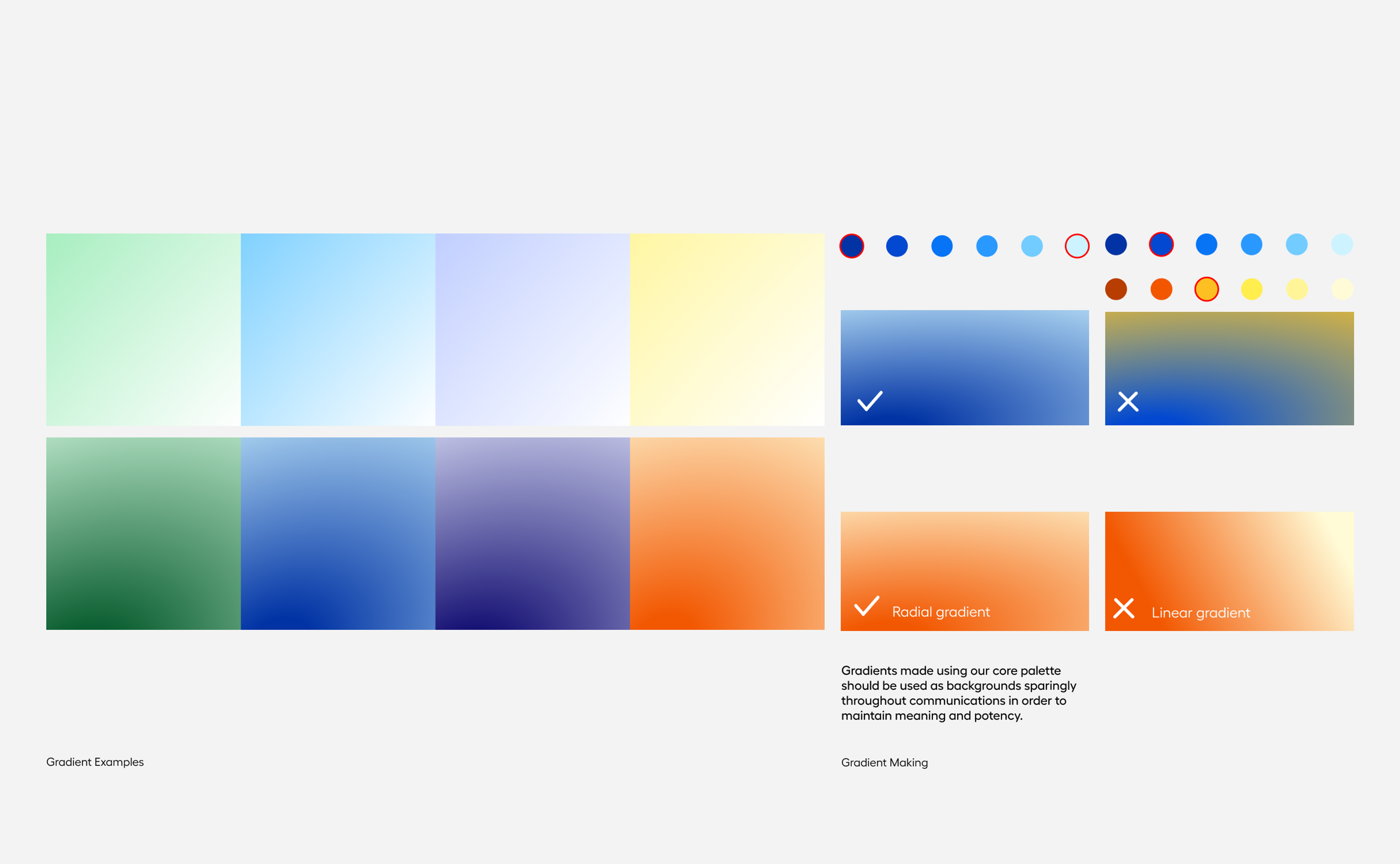 Gradient guidelines page showing approved blends and do/don't rules for radial and linear fills