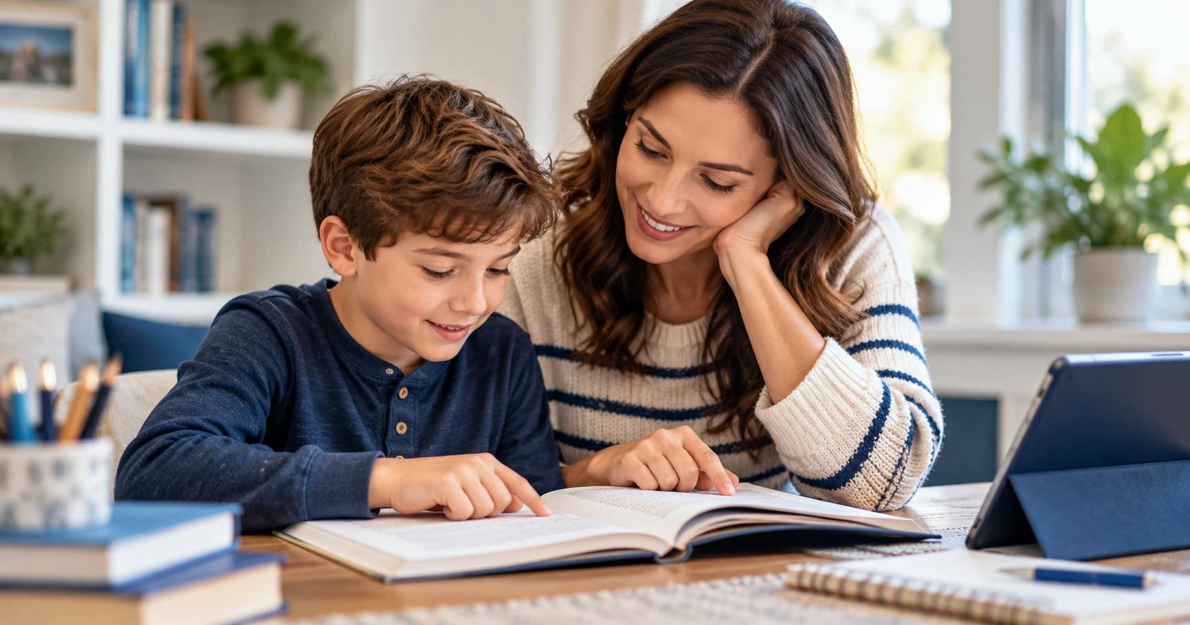 Parent and child doing echo reading together, the child tracking the words with a finger.