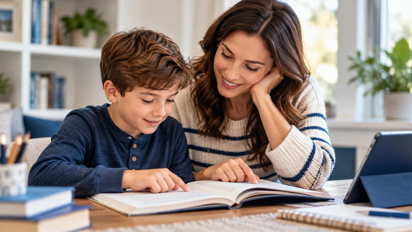 Parent and child doing echo reading together, the child tracking the words with a finger.