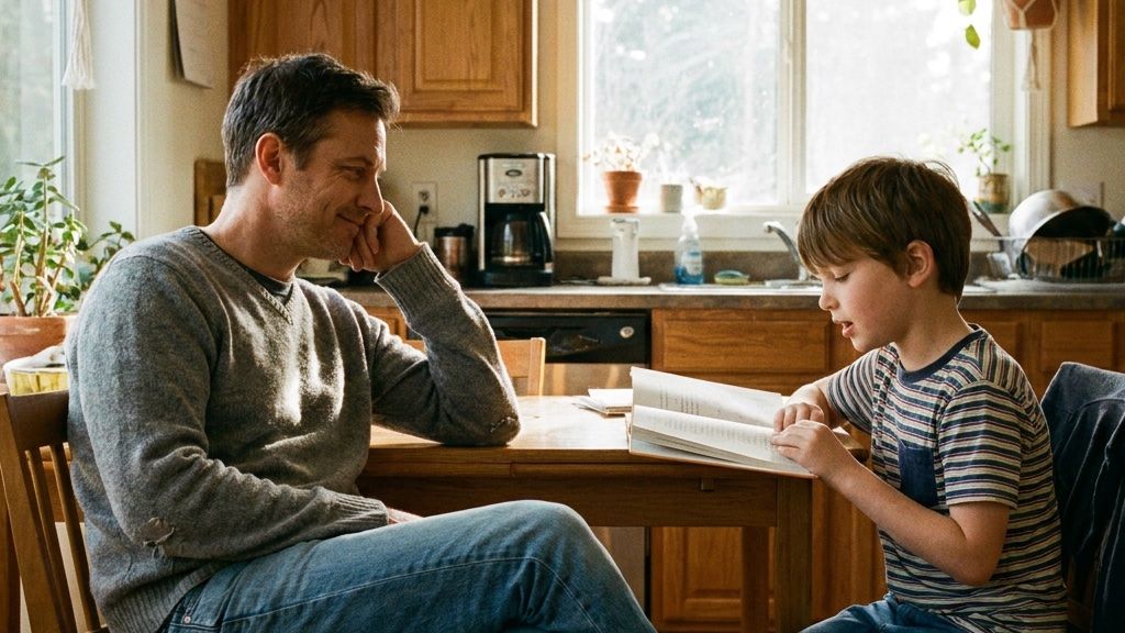 Parent watching a child read aloud, noticing rather than testing.