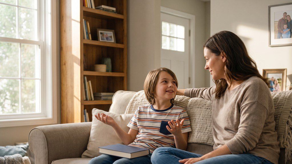 Child telling the parent what happened in the story, book closed in the child's lap.