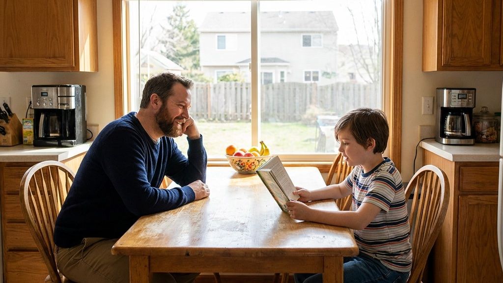 Parent listening to one short paragraph, child reading.